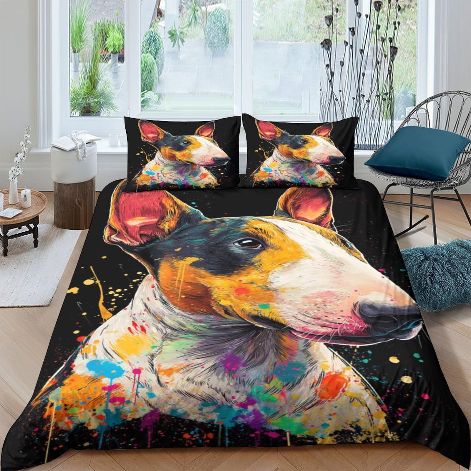Ctjqhvkz Style-1 3D Printed Bull Terrier Art Fitted Sheet Microfiber Colorful Dog Pattern Mattress Cover For Bedroom Guestroom Decor Single（135X200cm）