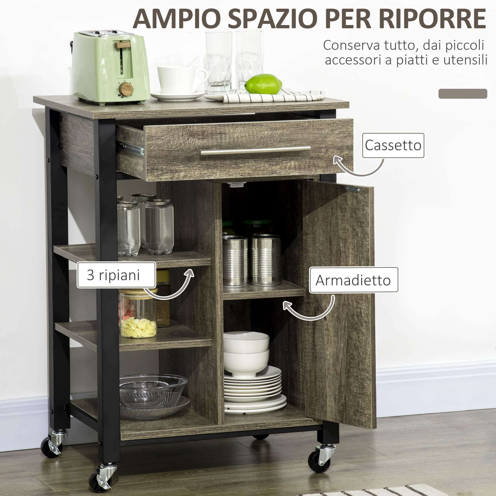 HOMCOM Carrello da Cucina Portavivande con Cassetto, Mensole, Armadietto e 4 Ruote, Legno Truciolare, 60x50x84.5cm, Quercia