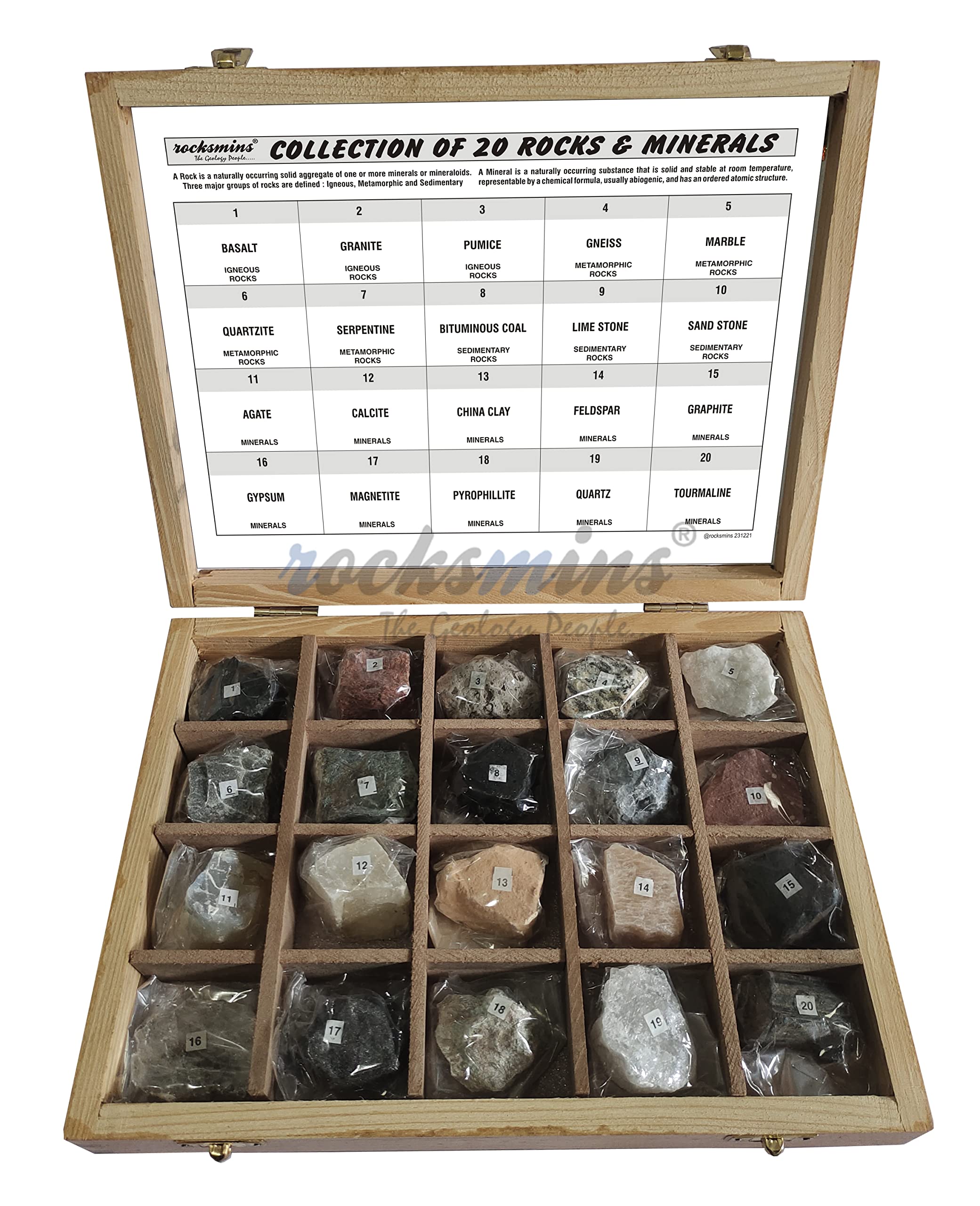 Buy Rocksmins Collection of 20 Rocks & Minerals in Wooden Box RM20WB