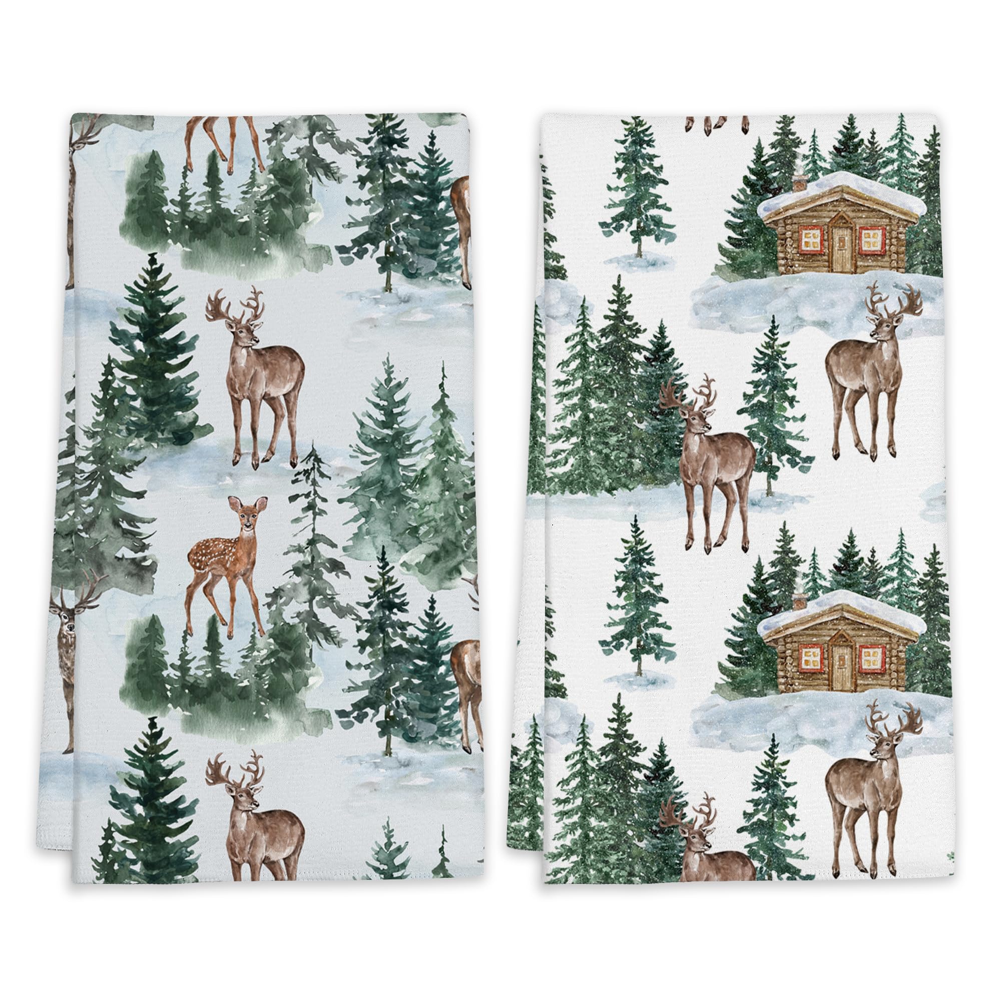LUOENY 2 Pcs Deer Forest Tea Towels, Vintage Rustic Kitchen Towel 45x60 cm, Quick Drying Dish Cloths for Party Anniversary Holiday Decoration Housewarming Gifts