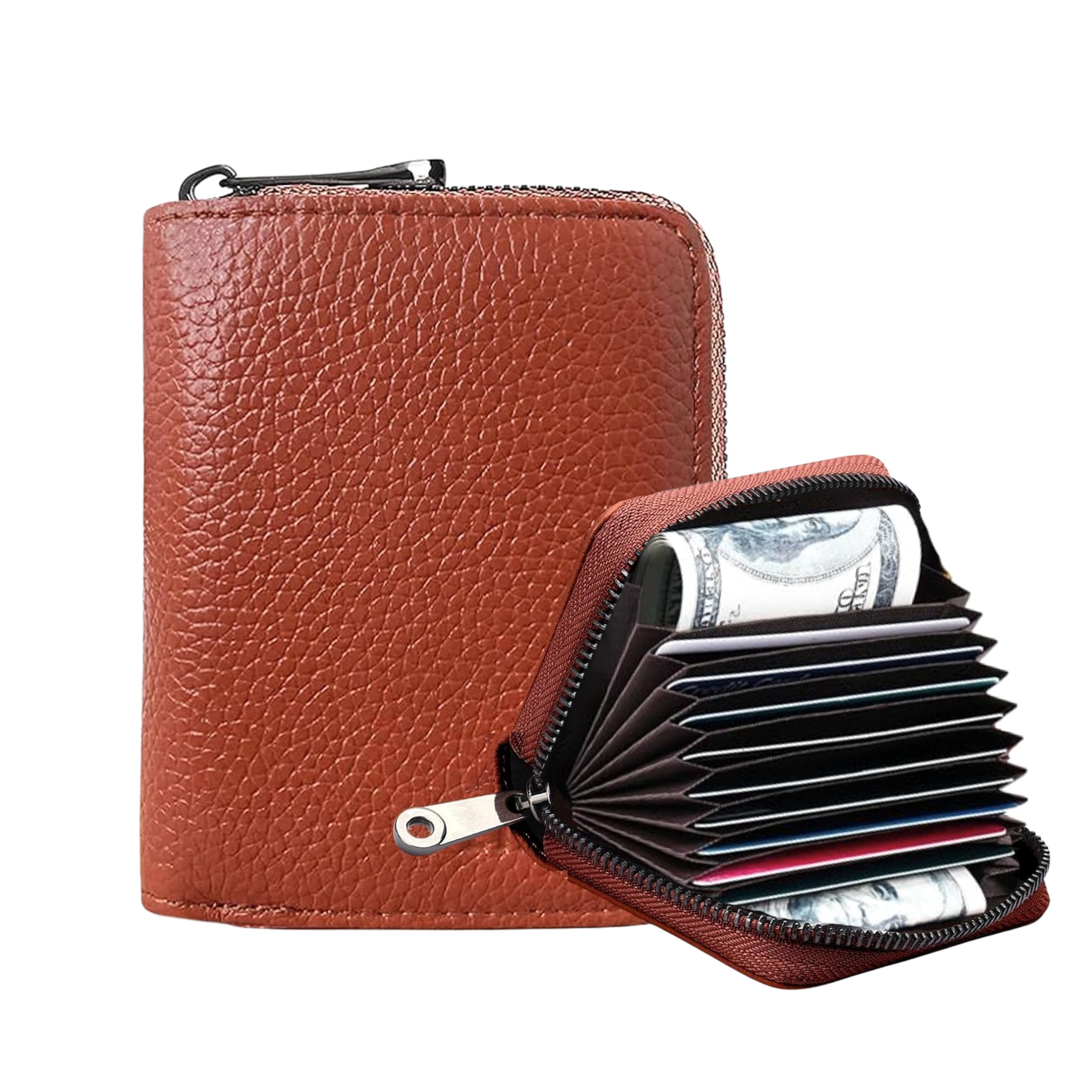 OFIXO 10 Slots Brown Unisex Leatherite Wallet with Zipper | RFID Blocking Card Holder Zipper Wallet for Men and Women (Brown)