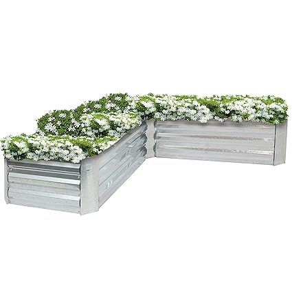 Sunnydaze L-Shaped Raised Garden Bed - Corrugated Galvanized Steel Raised Garden for The Yard - 59.5-Inch Rectangle Planter for Plants, Vegetables, and Flowers - Silver