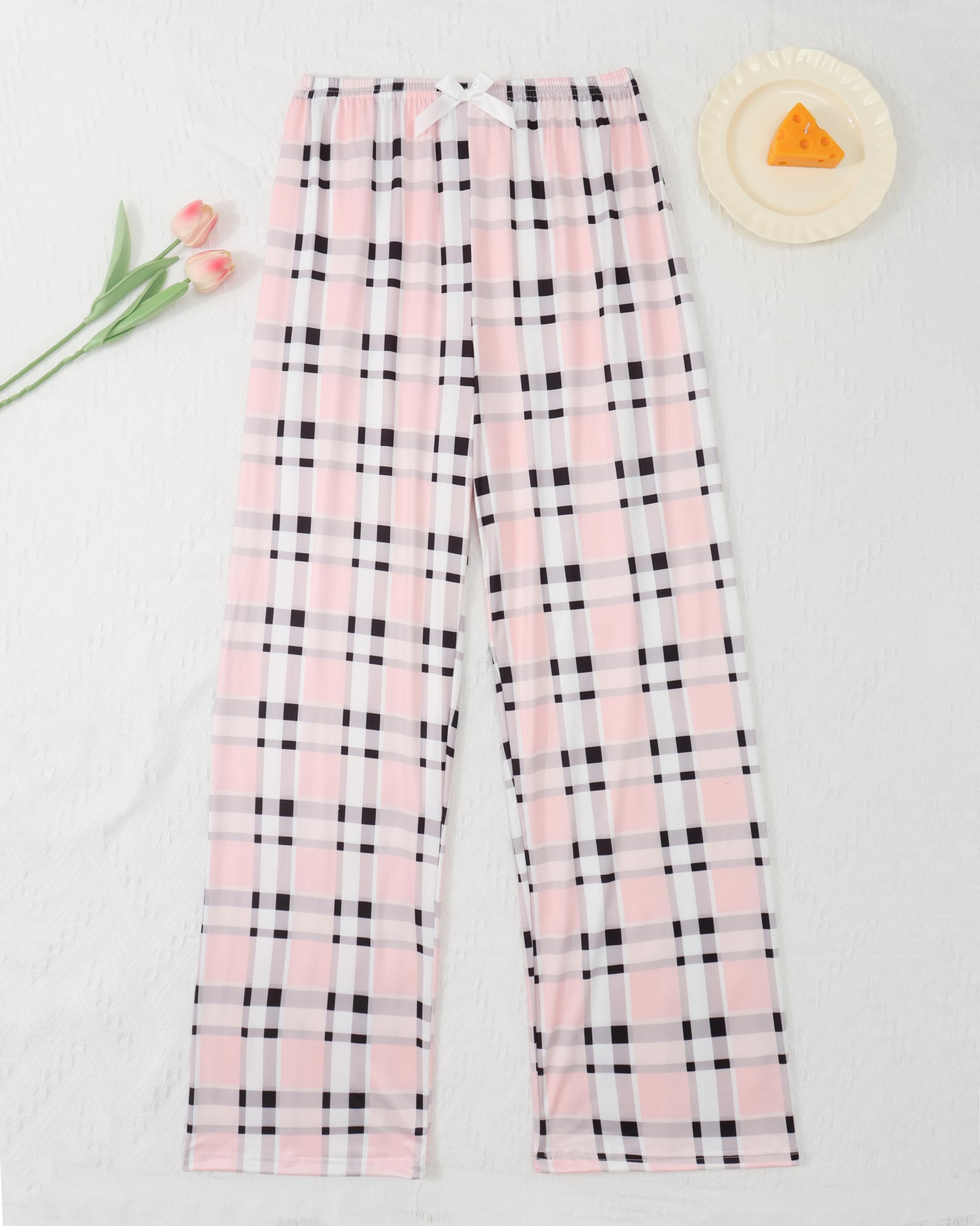 Women's Pajama Pants Pink Black Plaid Print Soft Breathable Sleepwear