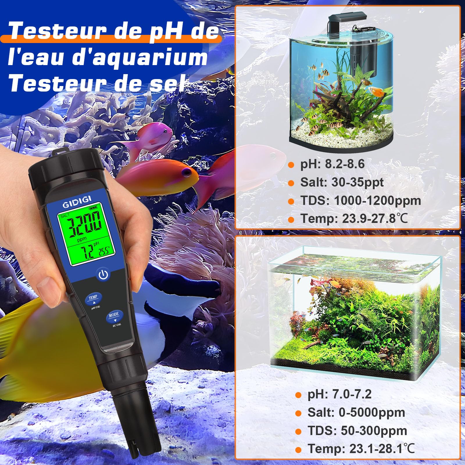 Mètre de pH - Testeur de sel de piscine 5 en 1 - Testeur TDS EC pH avec liquides étalonnage, compteur ppm pH pour piscine eau salée, aquarium, bain à remous, spa, hydroponique, bière