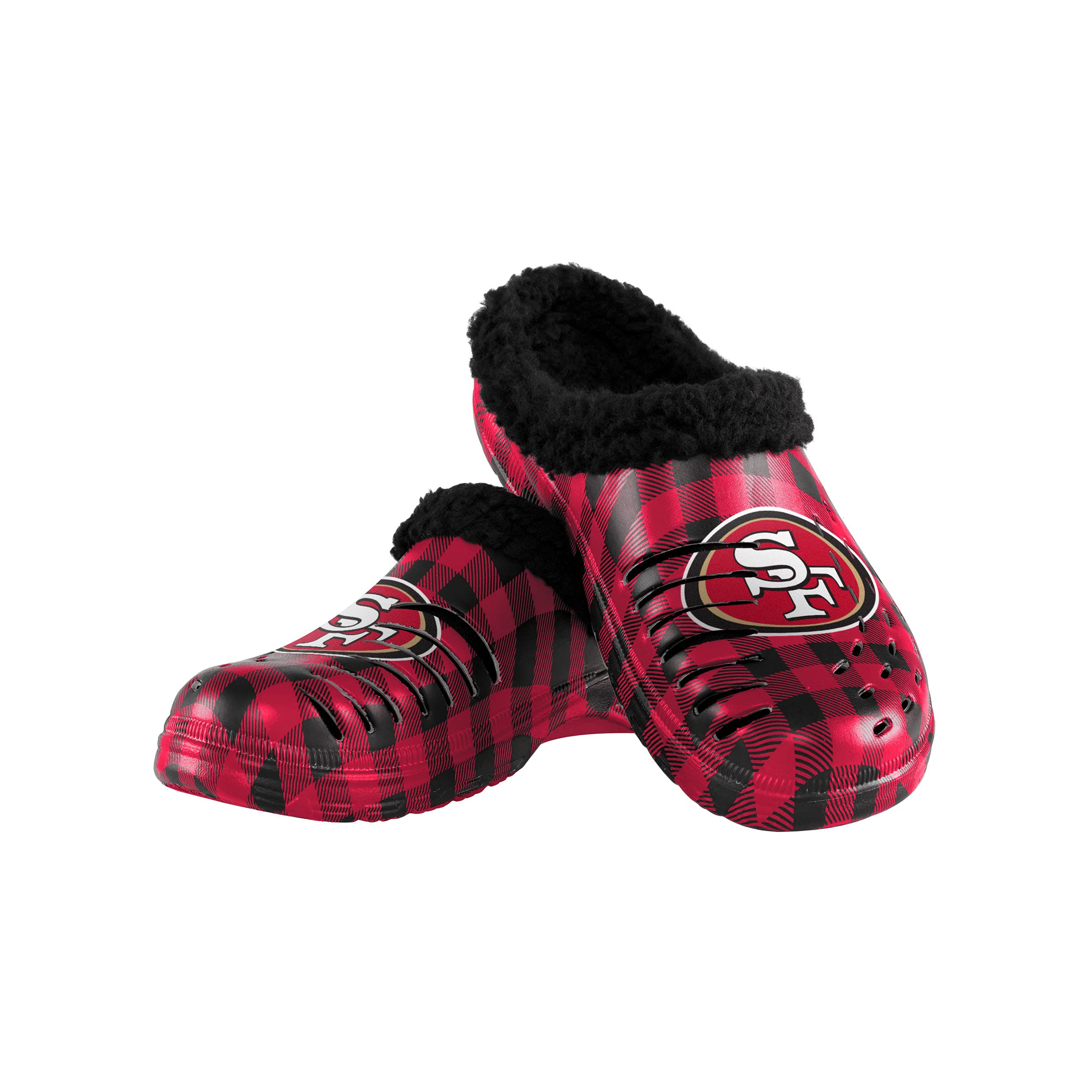 FOCO NFL Mens NFL Team Logo Sherpa Lined Buffalo Check Shoes Slipper Clogs