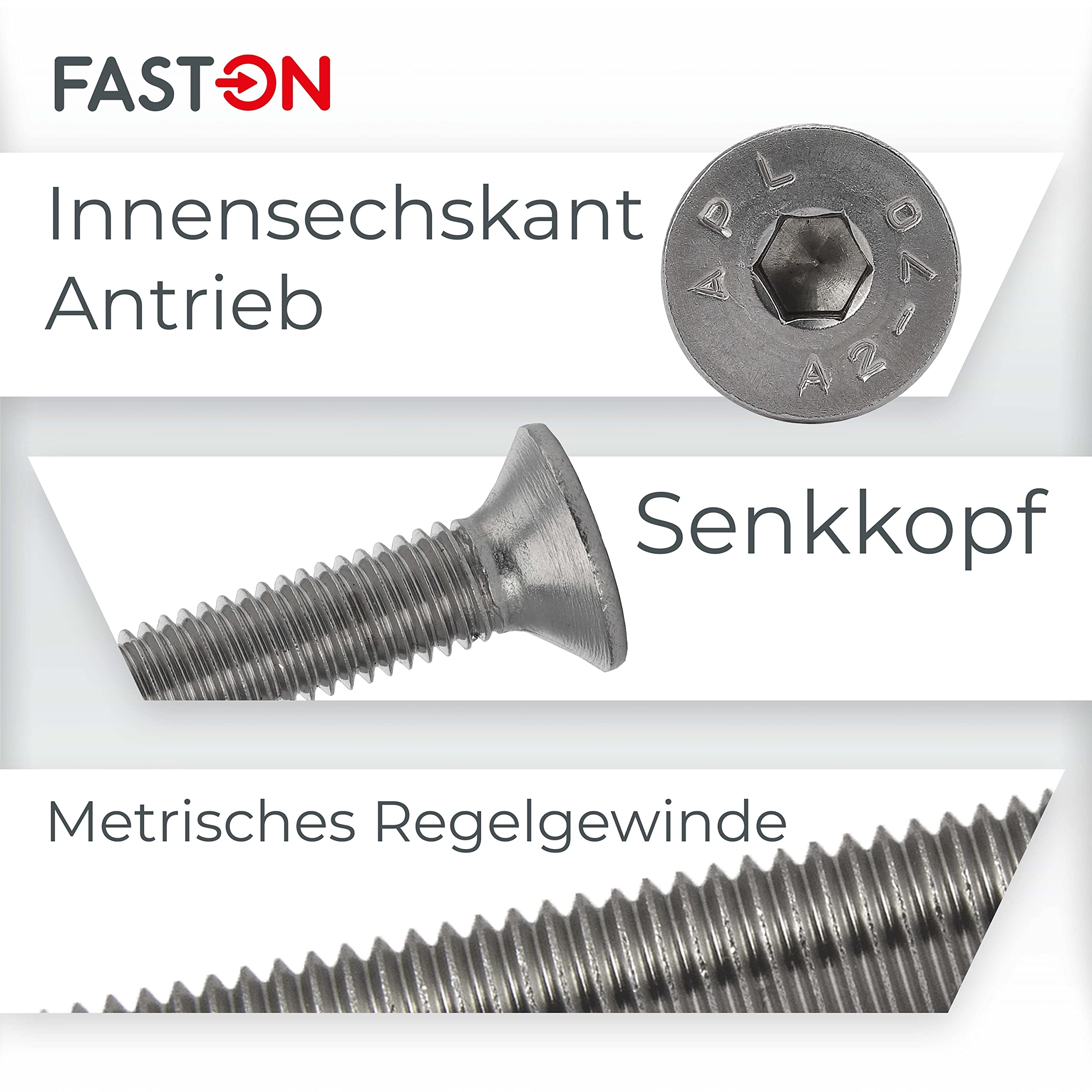 Senkkopfschrauben M10x200 Edelstahl (10 Stück) Innensechskant Edelstahlschrauben DIN 7991 FASTON®