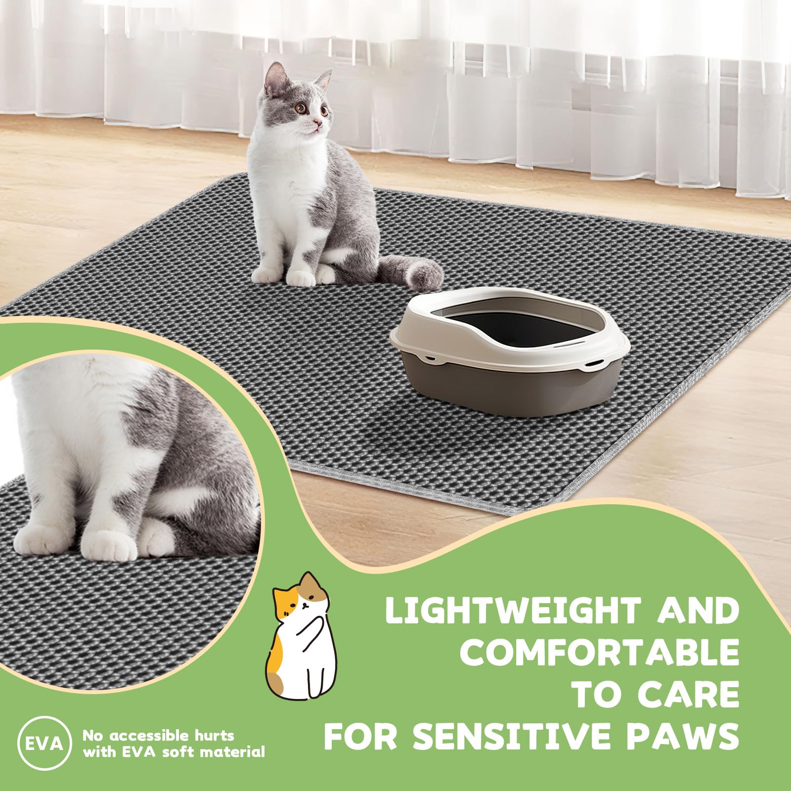 Alfombra Arenero Gato, 90x60cm Alfombrilla Arenero Gato, Alfombra Gatos Arenero Impermeable, Diseño de Doble Capa en Forma de Panal, Cat Litter Mat, Alfombra de Basura, Gris