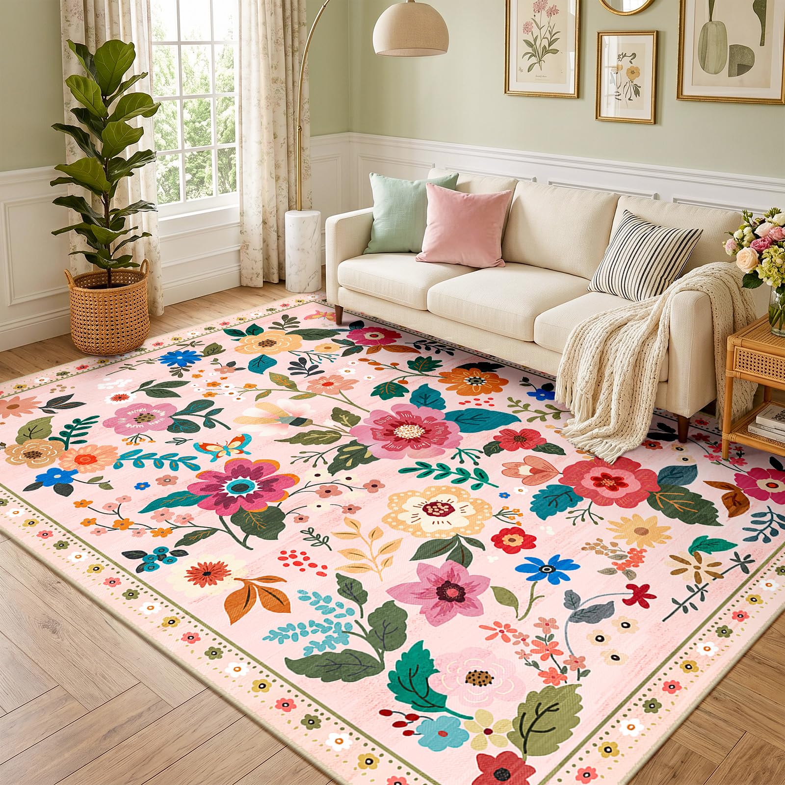 DEFYNEE Machine Washable Rugs Living Room, 180×270cm Floral Rug, Non-Slip Low Pile Boho Vintage Floral Carpet with Printed Design for Kids Room, Bedroom, Kitchen, Entryway, Lounge, Pink/Beige — image 1