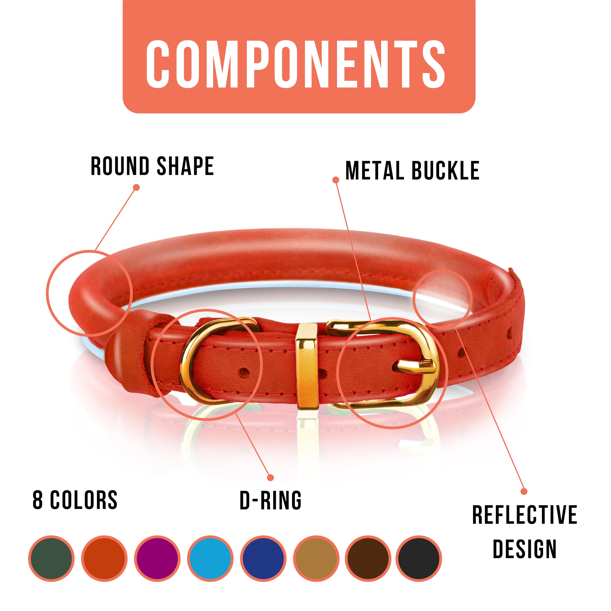 OOPSDOGGY Reflective Rolled Leather Dog Collar for Small Medium Large Dogs Puppy 8 Colors, 7 Sizes (Red, S, 10"-13") - Image 3