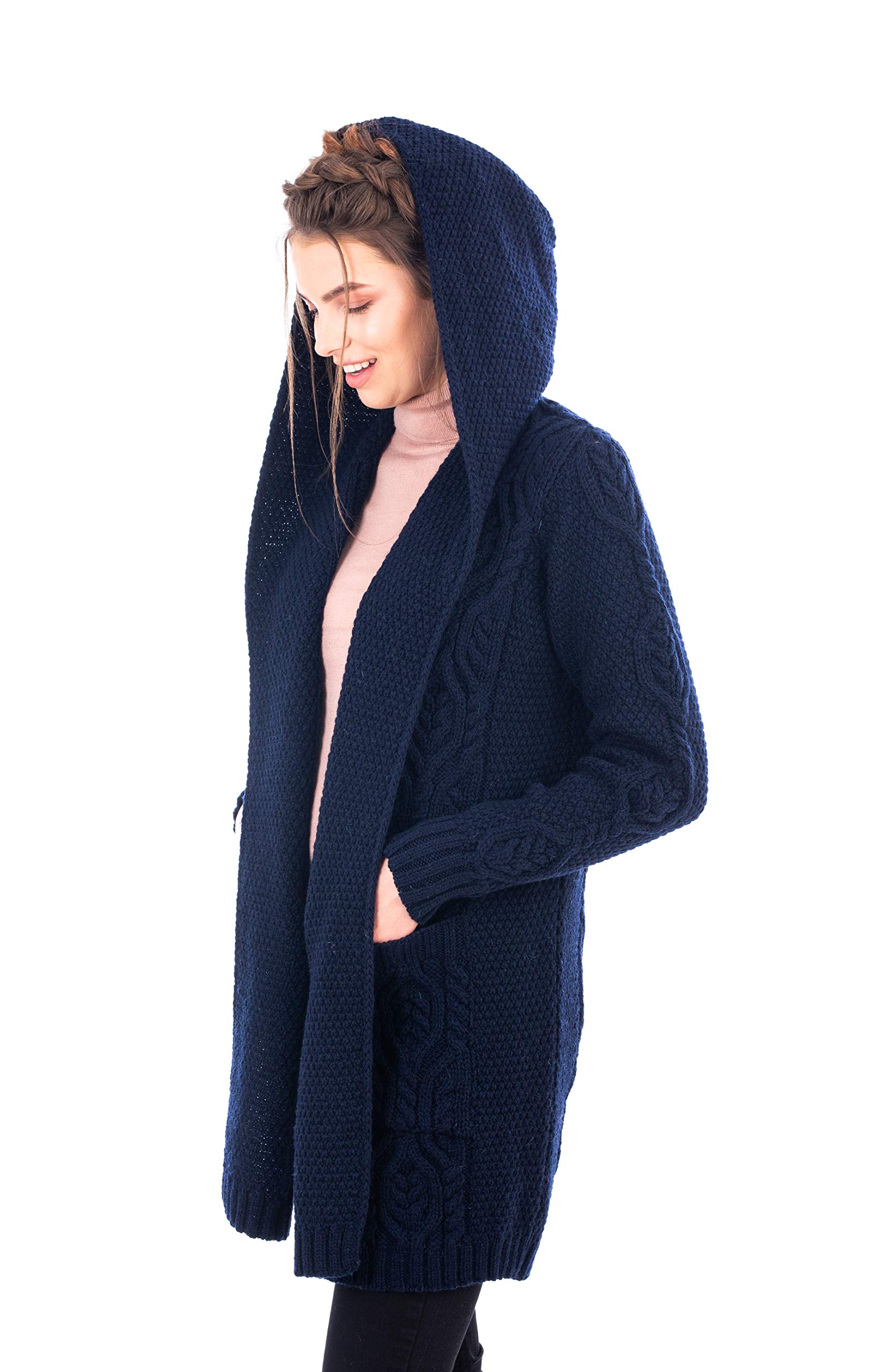 SAOL Klassische Passform Lange Strickjacke mit Kapuze aus 100% Merinowolle für Damen
