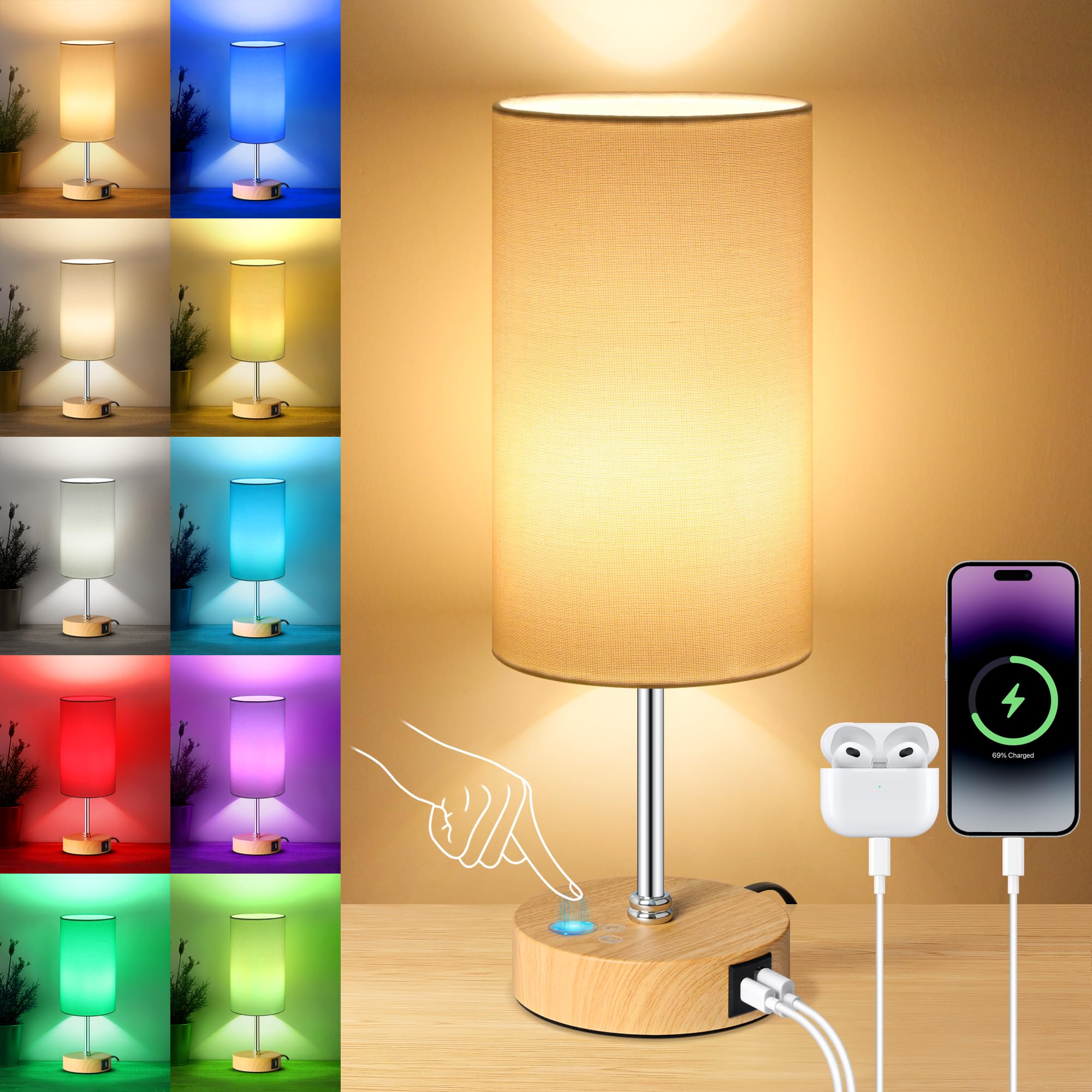 Photo 1 of Unicozin Table Lamp - Wood Grain Base, Dimmable LED, RGB Color