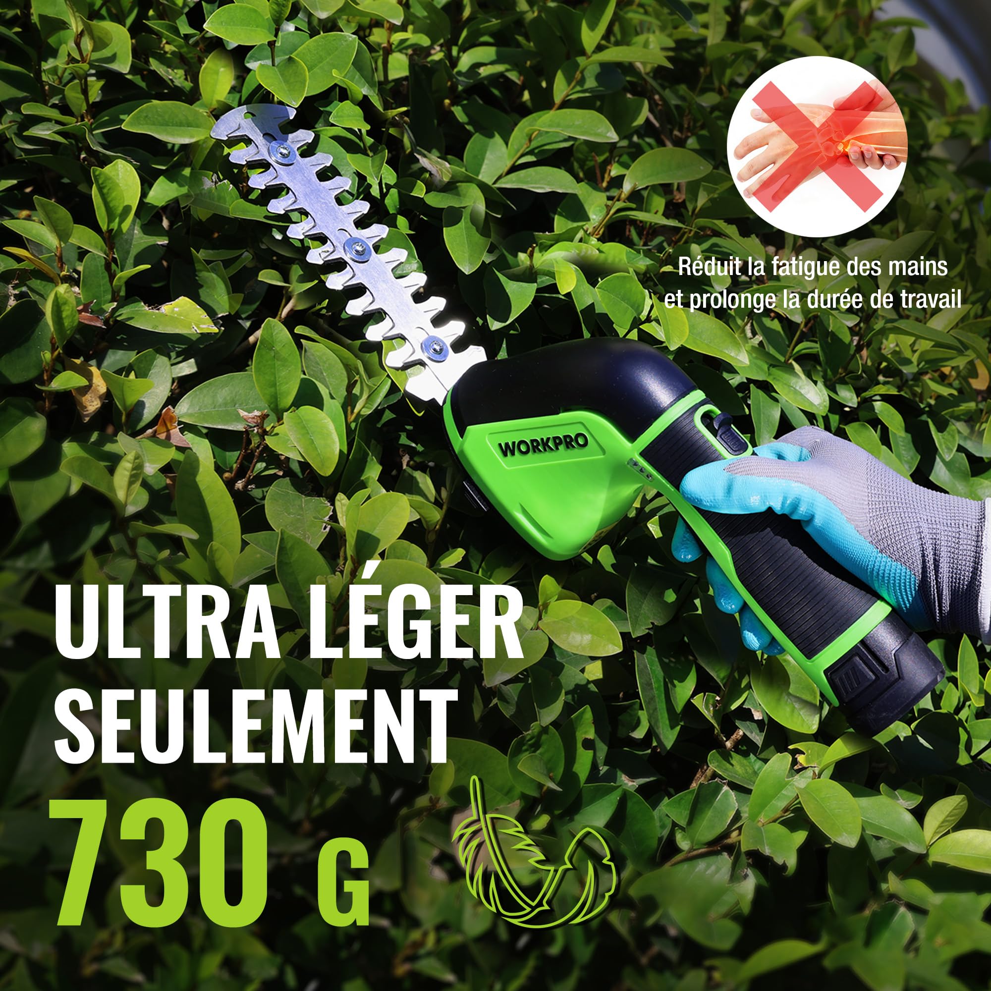 WORKPRO 3-en-1 Cisaille à Gazon et Taille-Buissons sans Fil 12V, Manche Télescopique avec Roues, Batterie Lithium 2000mAh, Lames Acier Précises, Outil Jardin Léger et Ergonomique