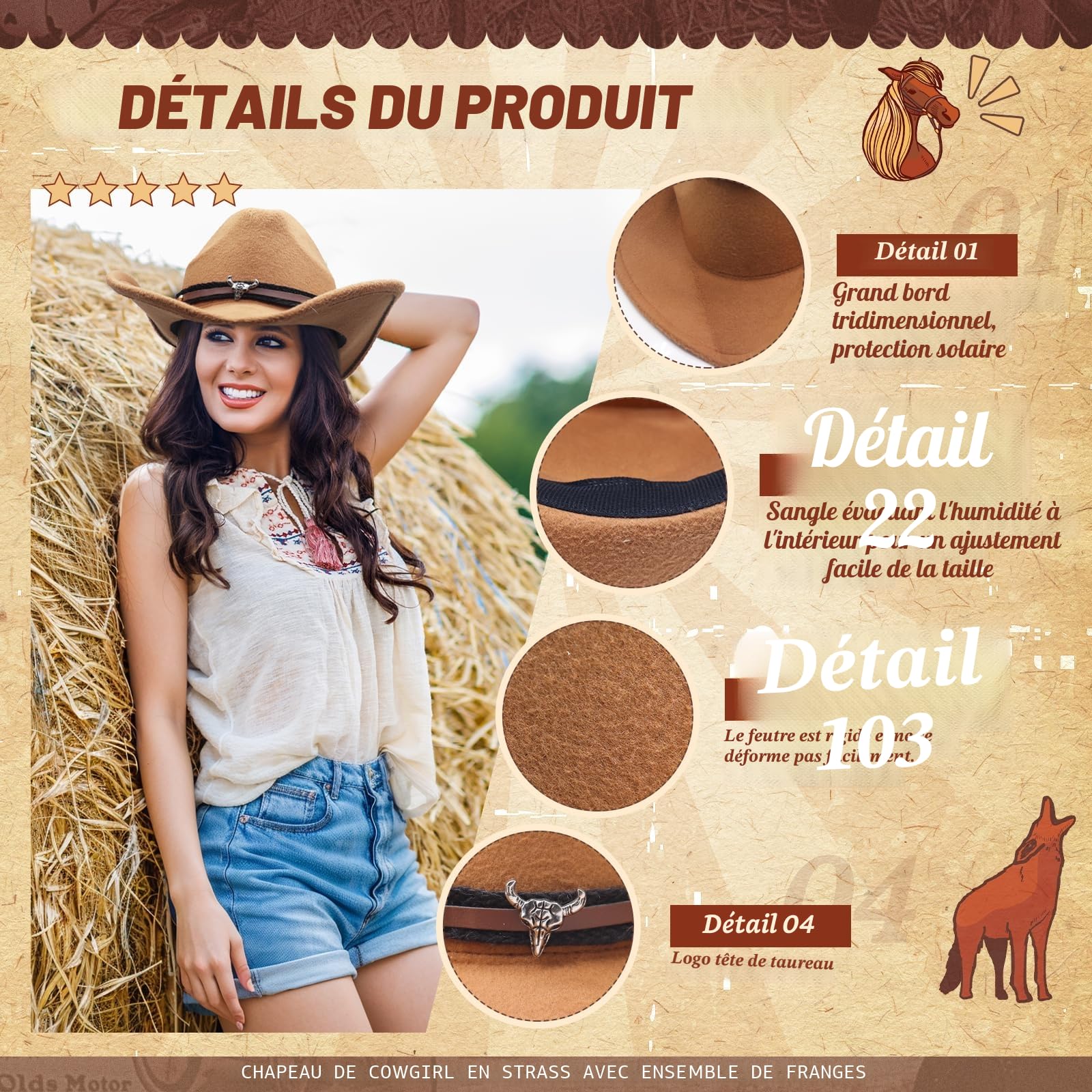 5 Pièces Set de Déguisement Cowboy Western pour Femme, Kit Accessoires de Cowgirl avec Chapeau Collier Boucles d'oreilles Ceinture Bandana pour Halloween Masqué Cosplay Fêtes