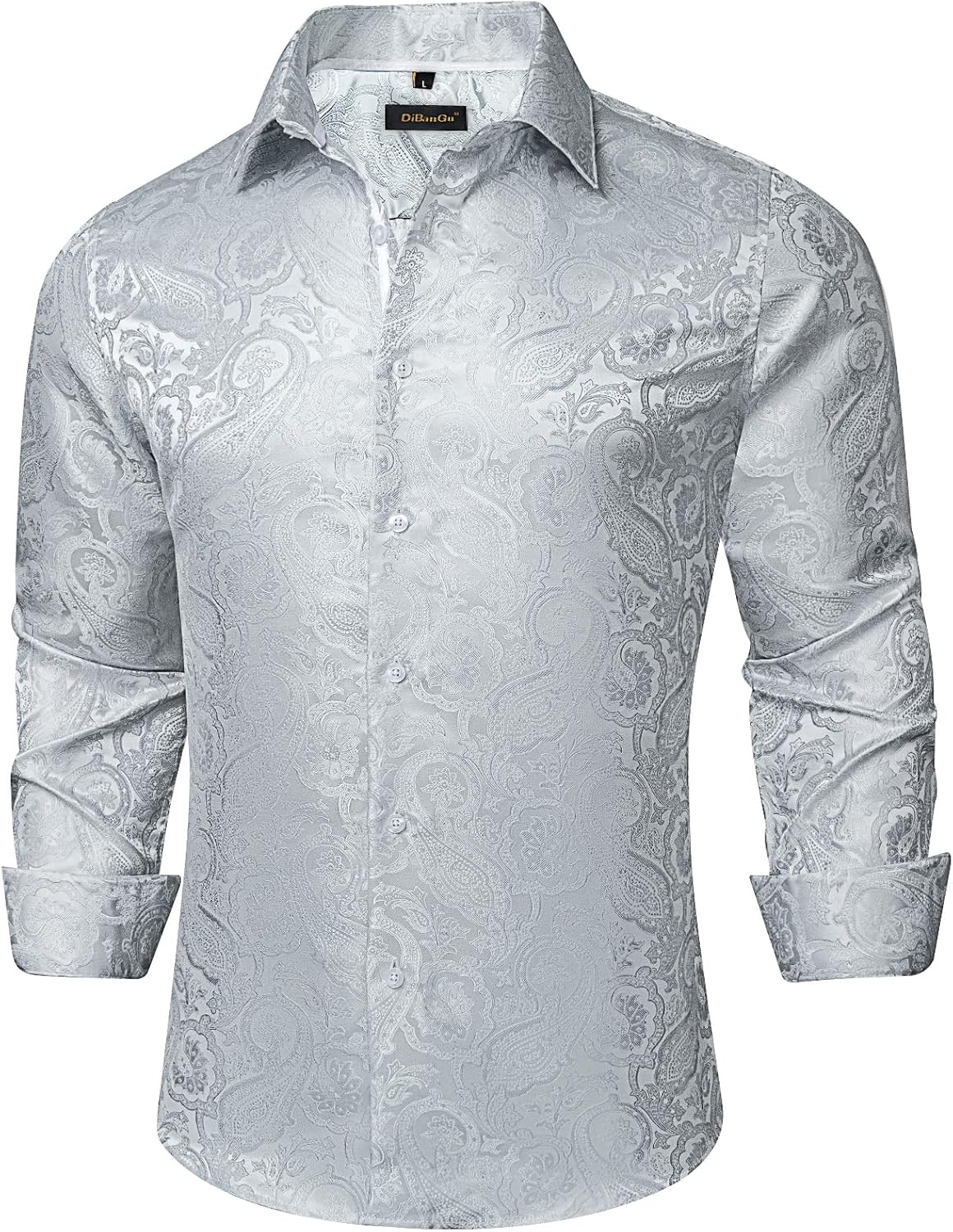 DiBanGu Mens Paisley Dress Shirt Silk Jacquard Button Down Shirts Regular Fit Long Sleeve Shirt for Wedding Party