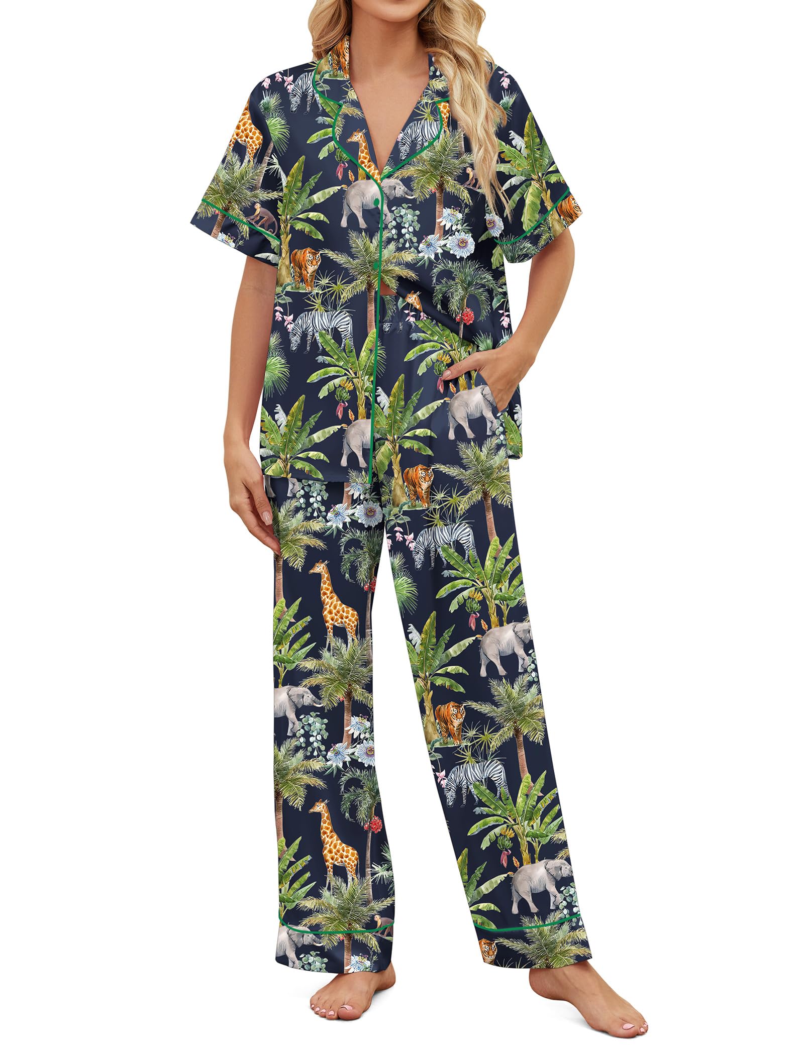 SHESHOW Pajamas for Women Short Sleeve Button Down Pjs Sets Safari Animal Pajamas Sets 2 Piece Satin Pajamas for Women Navy Size XL