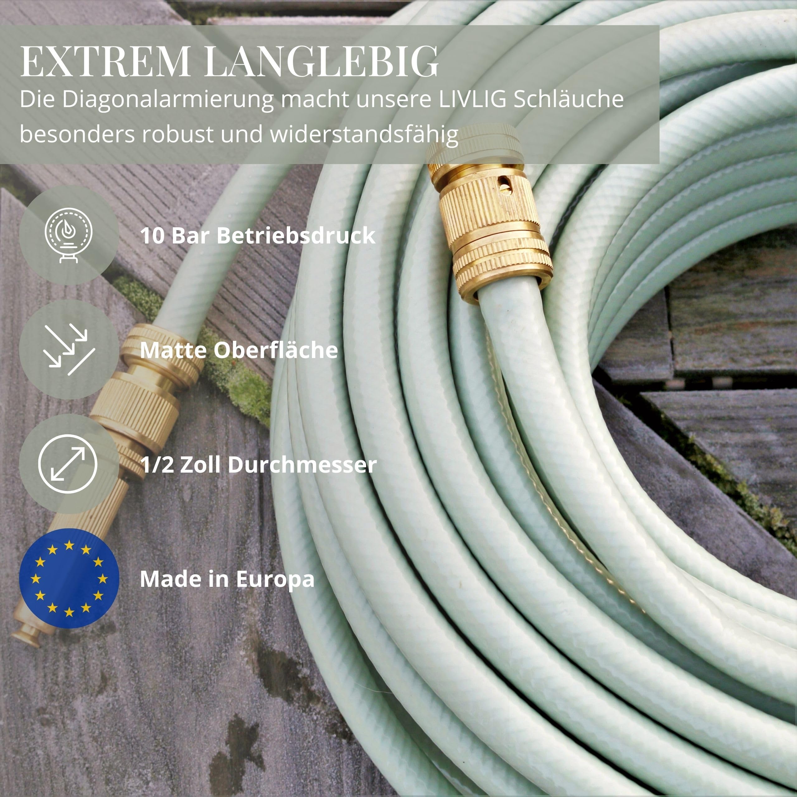 LIVLIG Gartenschlauch Set 20 m– Gartenbewässerungs-Komplettset mit 1/2 Zoll Wasserschlauch, Wandhalterung aus Stahl & Messing-Gartenspritze – Schlauch Set 20m inkl. Kupplungen, Grün