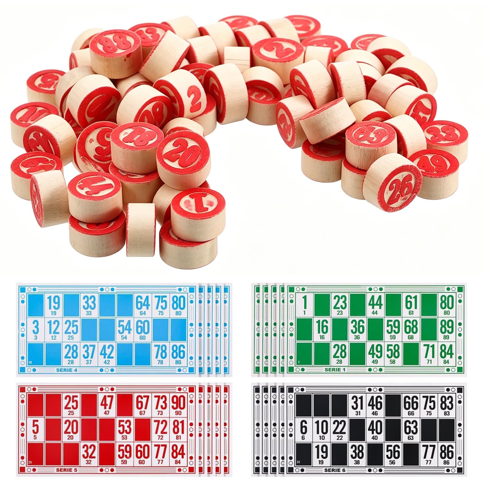 VIDSTW Jeu de société Bingo en bois 138 pièces (90 jetons 48 en carton) avec sac à fermeture éclair 16,1 x 8,7 cm pour s'amuser en famille, réunions et fêtes