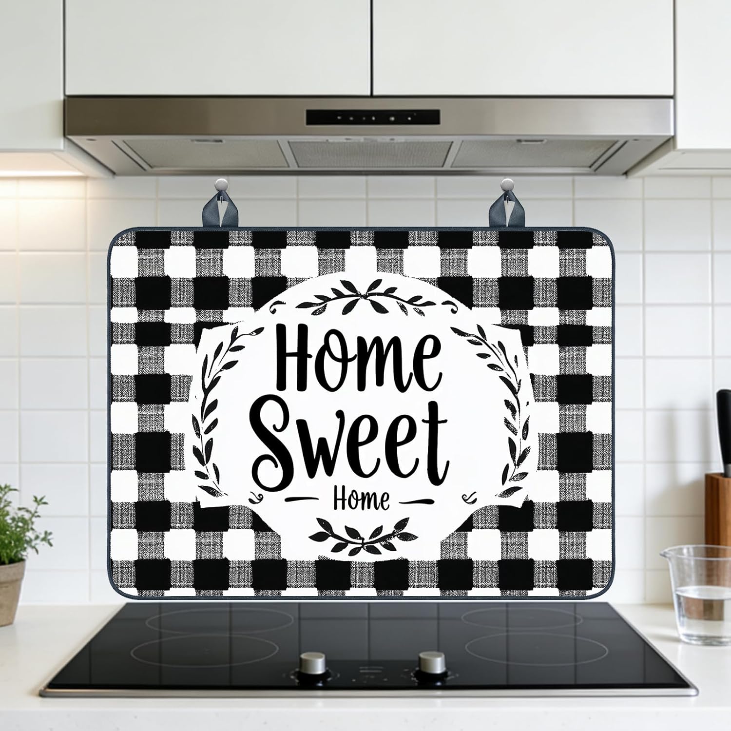 Nuxovilar Stove Cover - Black & White Plaid Home-Themed Pattern, Polyester Diatomaceous Earth Mixture 28.65x20.47inch, Glass Stove Top Cover Protector, Kitchen, Living Space, Home Decor Areas