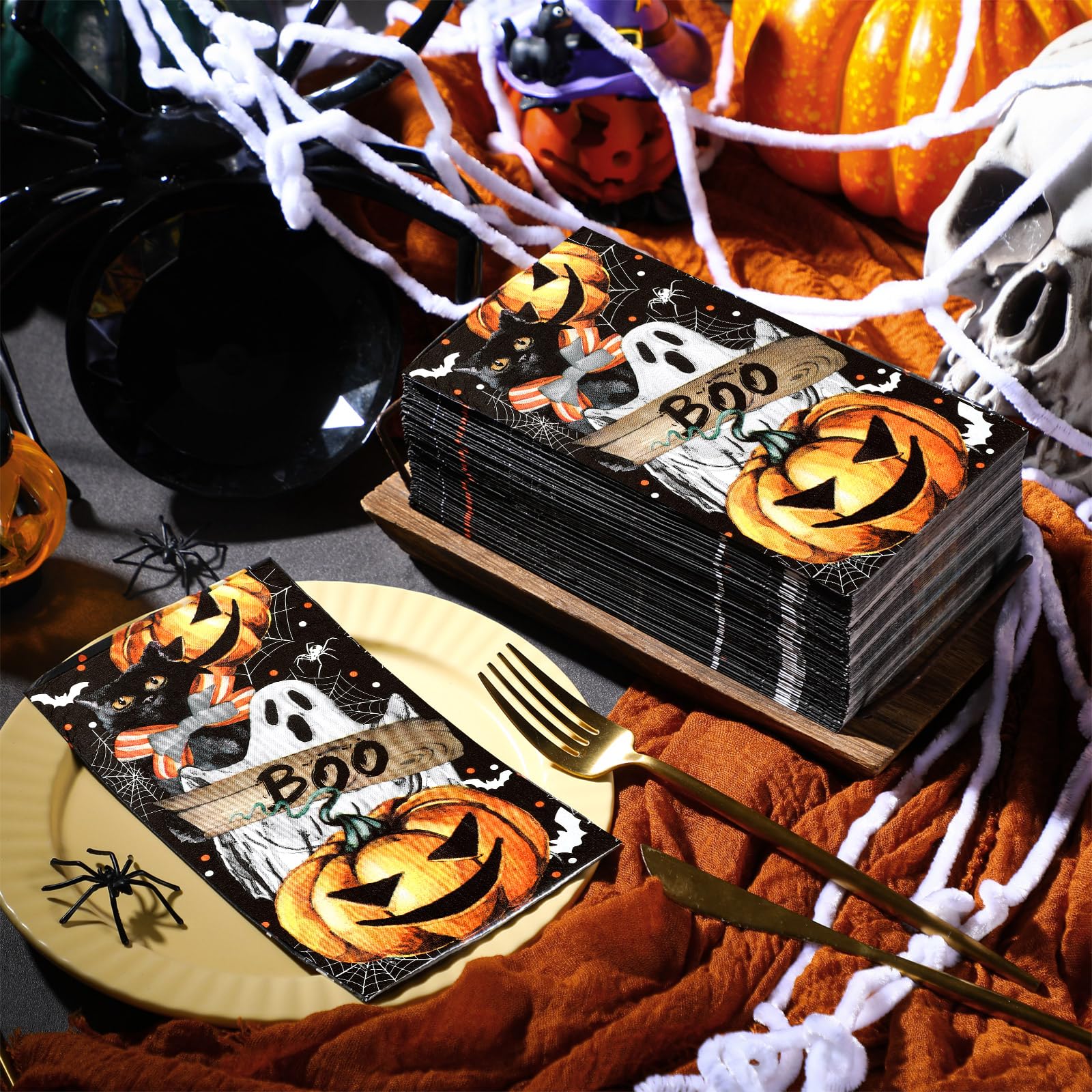 Sinmoe Lot de 200 serviettes jetables en papier pour invités d'Halloween pour salle de bain, serviettes en papier décoratives pour invités, récolte d'automne, Thanksgiving, dîner de salle de bain