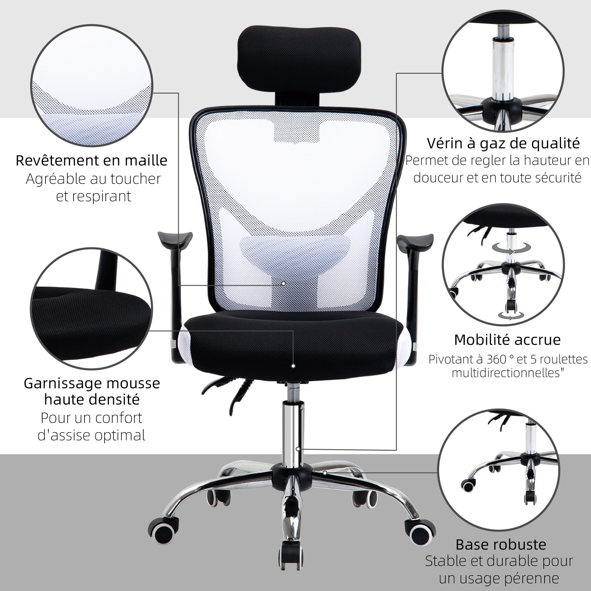 Vinsetto Chaise de Bureau Ergonomique en Maille Appui-tête Noir et Blanc