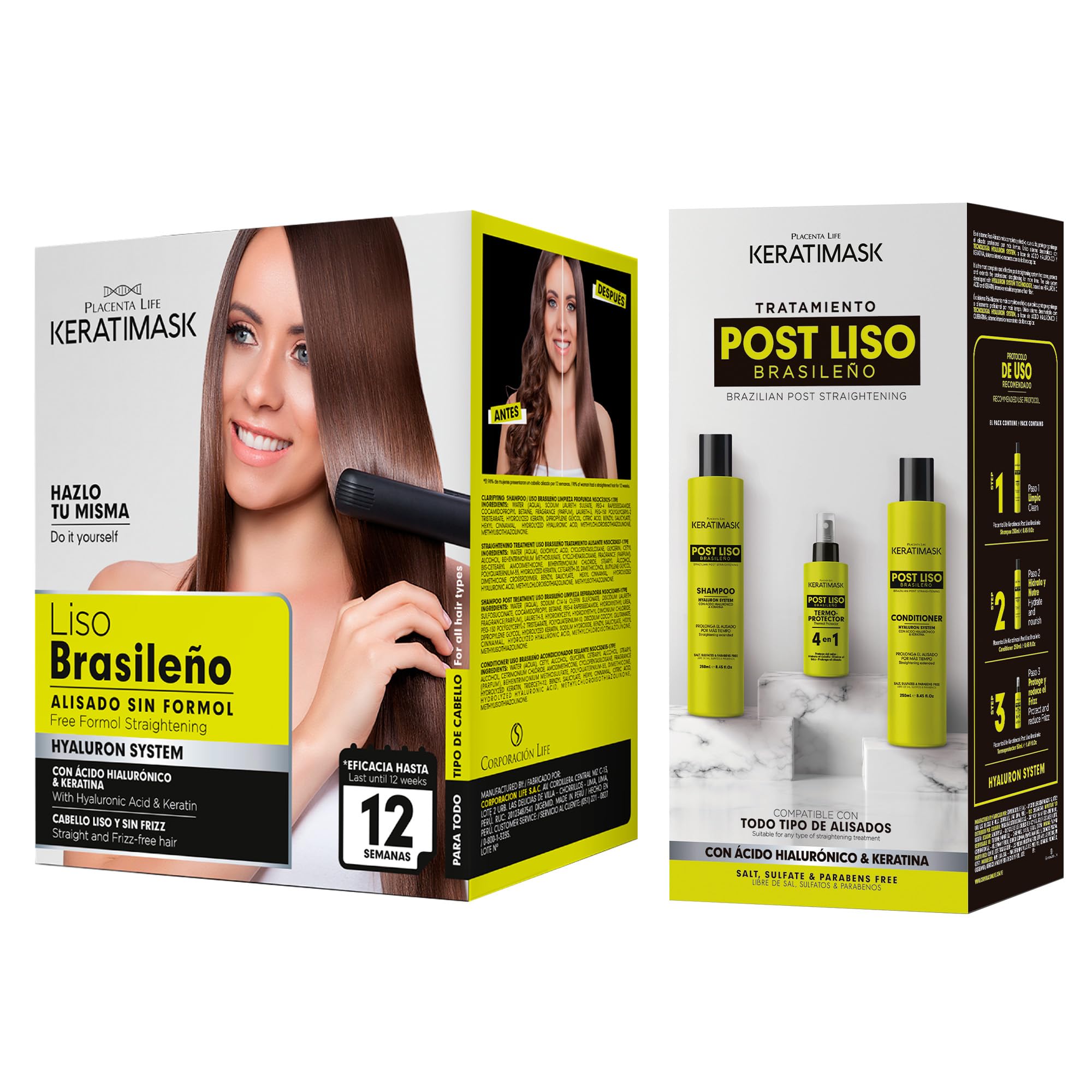 PLACENTA LIFE KERATIMASK Be Natural Pack Alisado Brasileño con Keratina + Postalisado Lisso Keratina – Kit Profesional para Cabello Liso Duradero, Anti-Frizz, Hidratación y Brillo