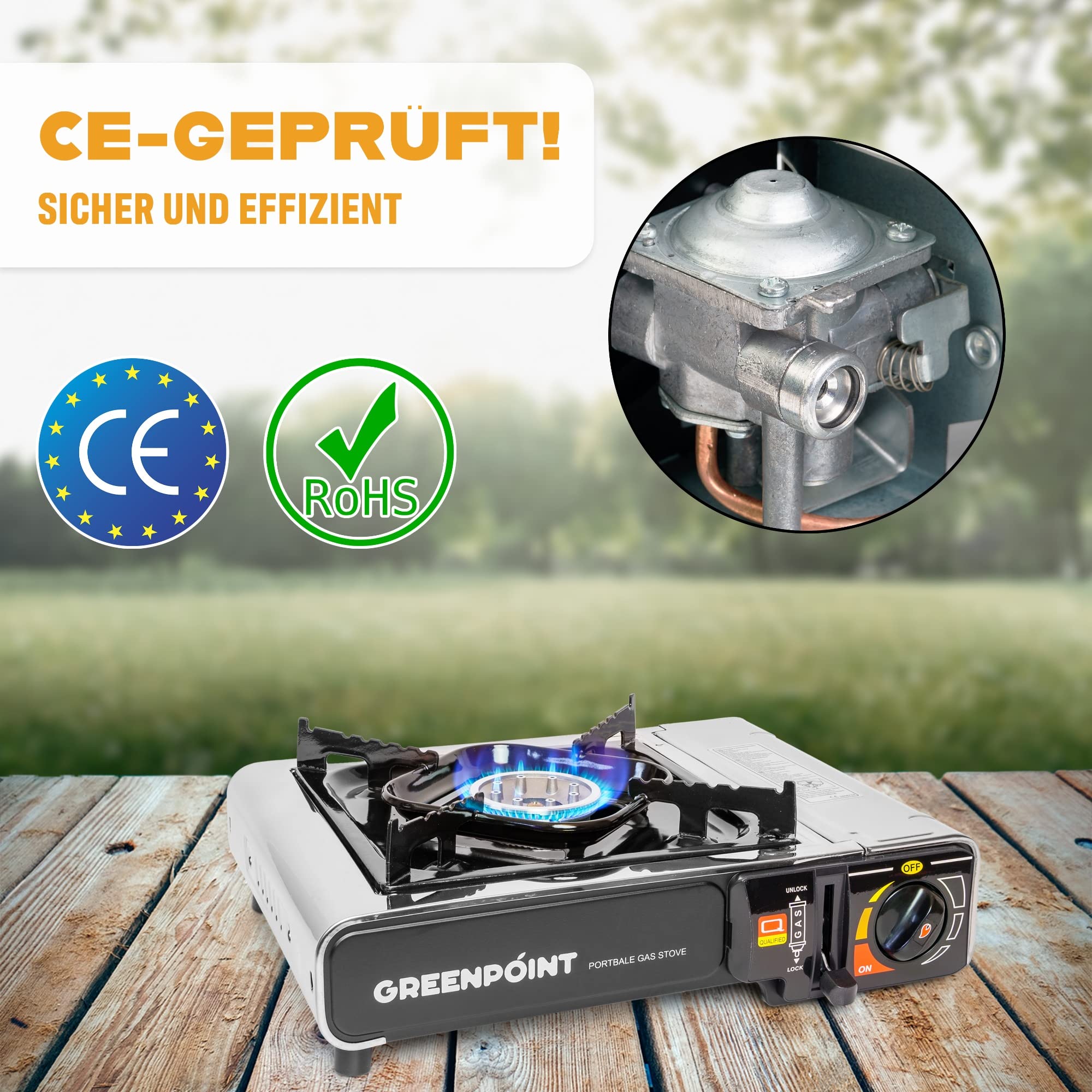Greenpoint Gaskocher(Edelstahl) MIT/OHNE Gaskartuschen/Grillplatte - Campingkocher Ink. Tragekoffer mit Gaskartusche, Gaskocher mit Kartusche, Campingkocher mit Kartusche, Grillplatte Kochplatte