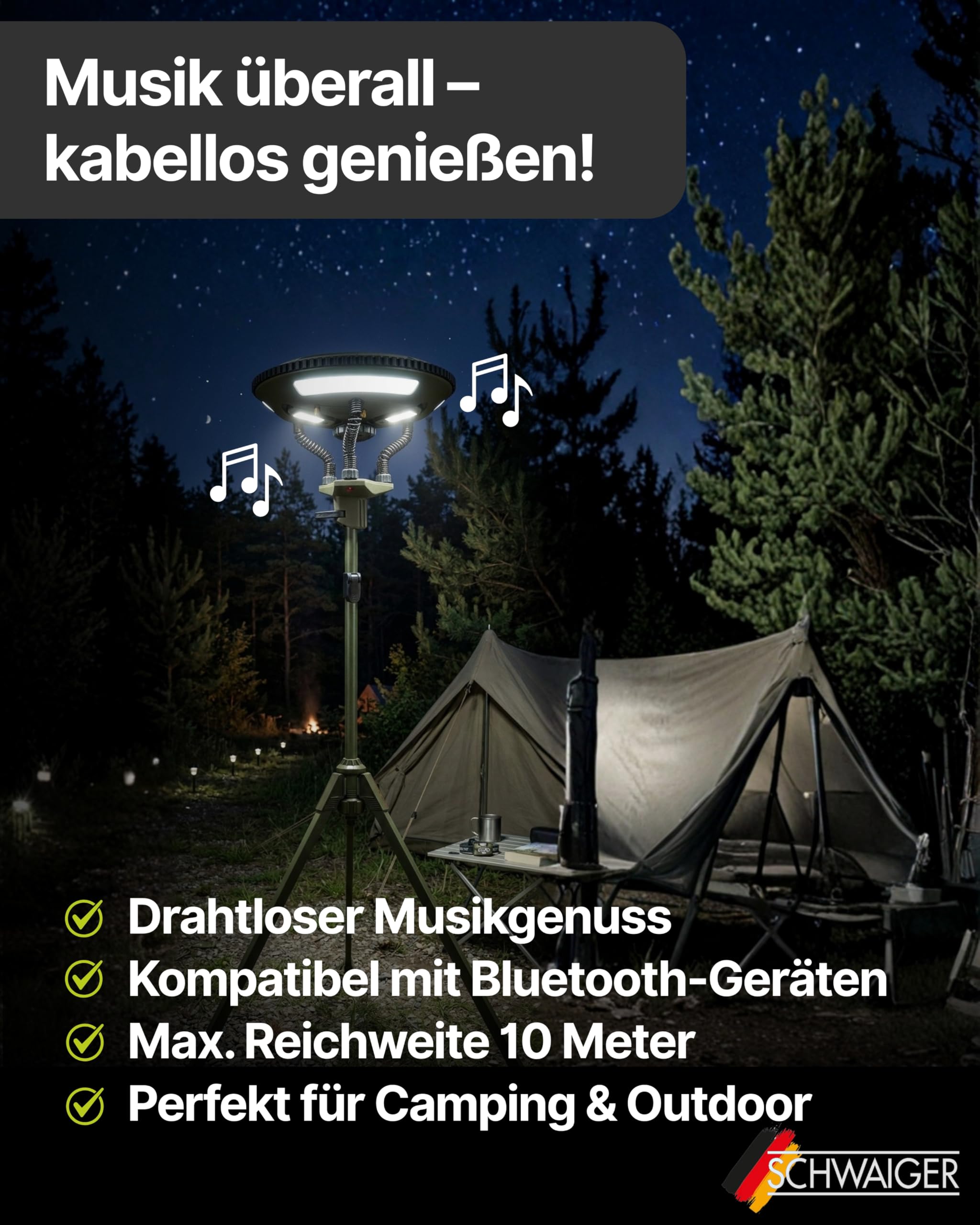 SCHWAIGER LED Campingleuchte mit Stativ & Bluetooth Lautsprecher I Solar Campinglampe mit 3 Zusatzleuchten I solarbetriebene Standleuchte mit Powerbank-Funktion I multifunktionale Outdoor Lampe