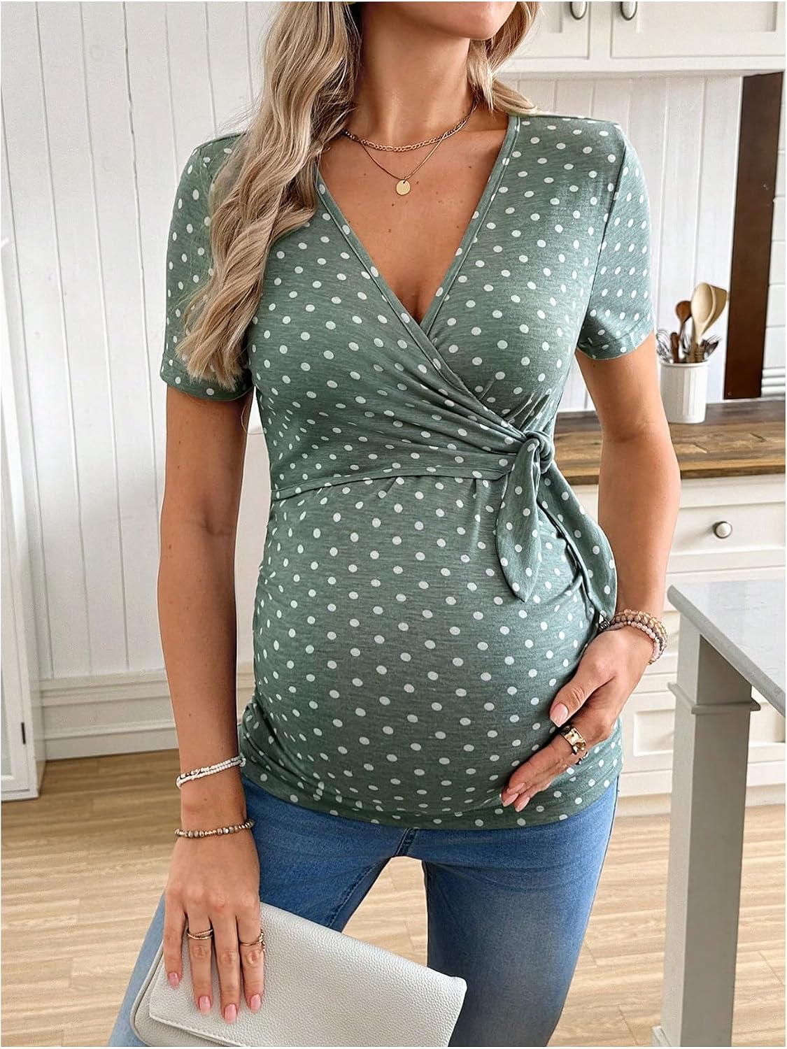 MakeMeChic Women's Maternity Polka Dots Wrap Tops V Neck Short Sleeve Business Casual Wrok Tops