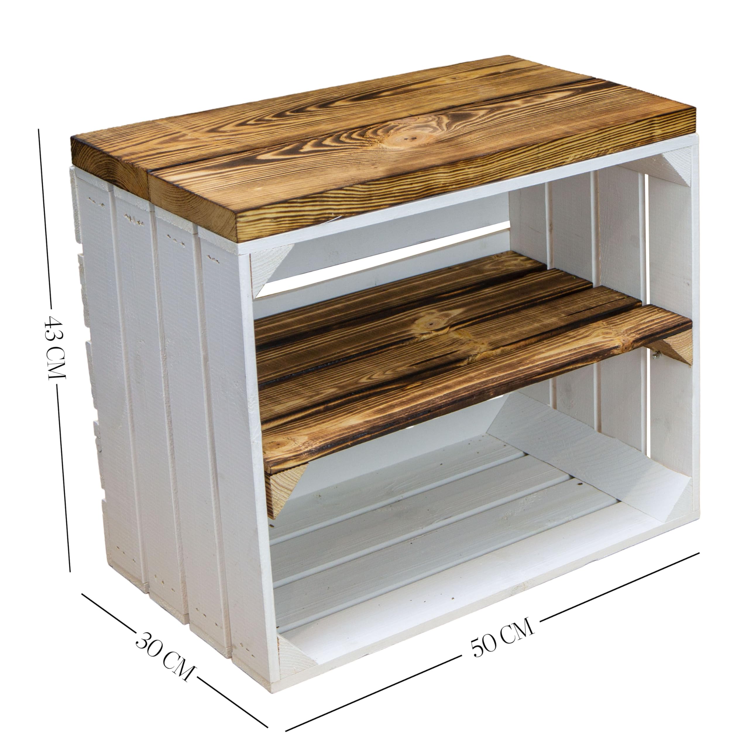 Sitzkiste Johanna Obstkiste und massiven Holzplanken Schuhablage Schuhkommode Hocker Sitzbank Holzbank Regalkiste aus Holz Maße 50 x 30 x 43cm L x T x H (Weiss / geflammt / geflammt)