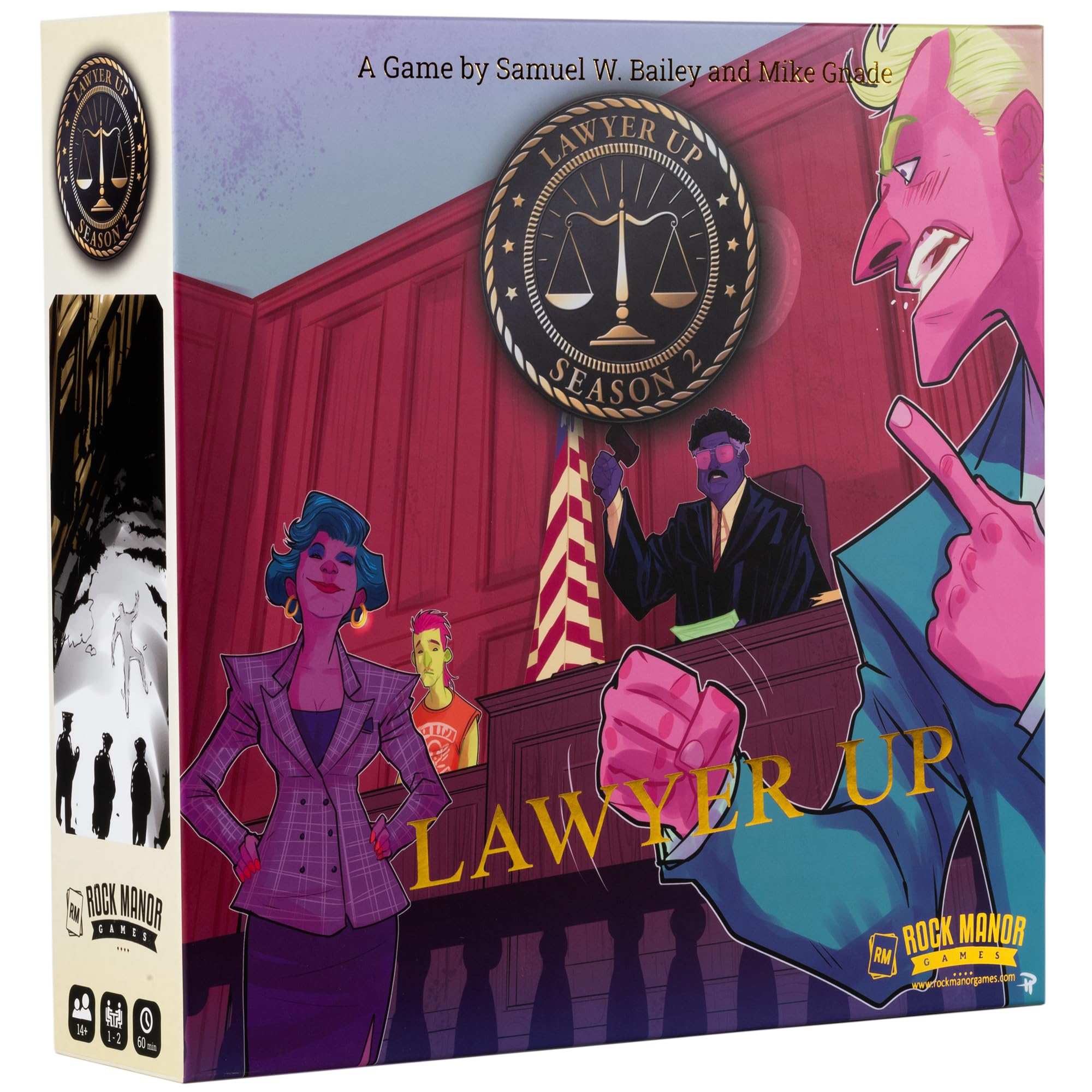 Rock Manor Games: Lawyer Up : Season 2 - Jeu de société de dessin de cartes compétitif, drame d'audience, jeu de correspondance avec les affaires juridiques, à partir de 14 ans, 1 à 2 joueurs, 60