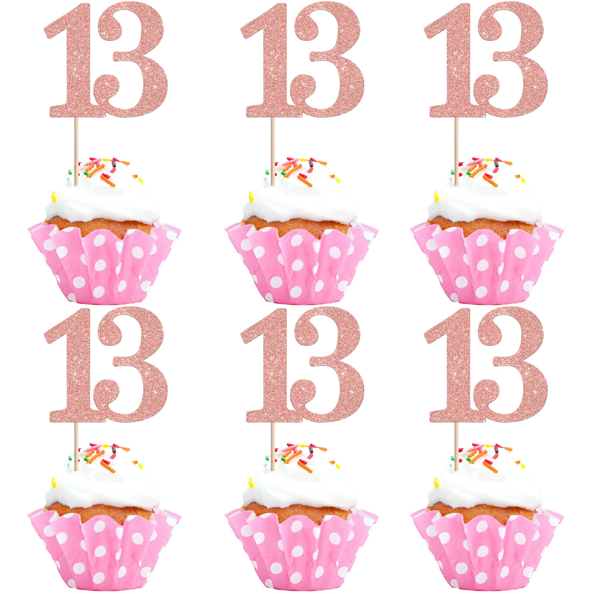 Xsstarmi 36 Pack Number 13 Cupcake Toppers Glitter Cheers to 13 Years Birthday Cupcake Picks Decoration for Happy 13th Birthday Wedding Anniversary Party Cake Decorations Rose Gold