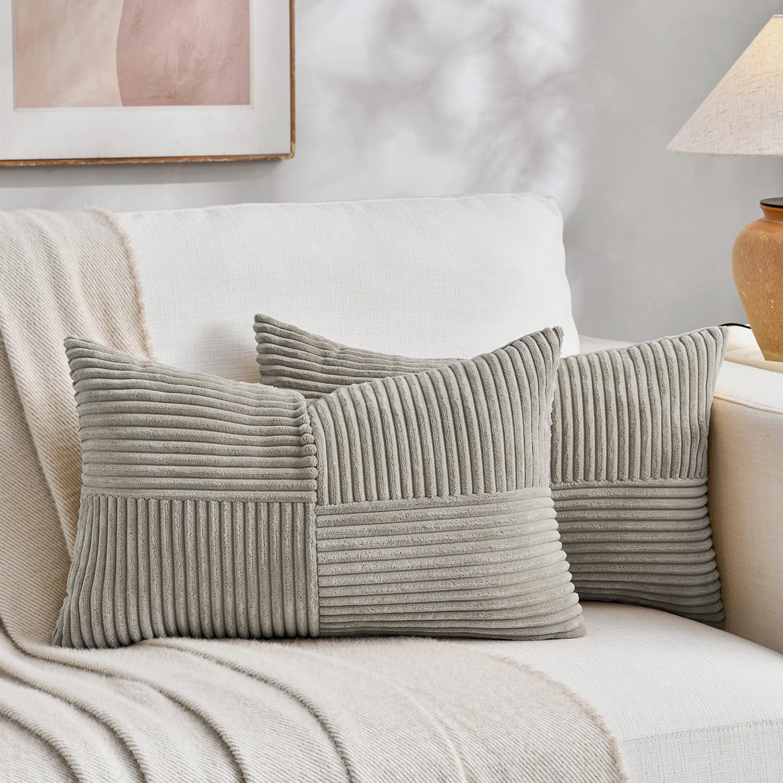 FDTERN Decorative Throw Pillow Covers 14 x 24 Inch for Living Room Couch Bed, Rustic Farmhouse Boho Home Decor, Soft Striped Corduroy Accent Cushion Case, 35 x 60 cm (Pack of 2), Neutral Grey โ image 1