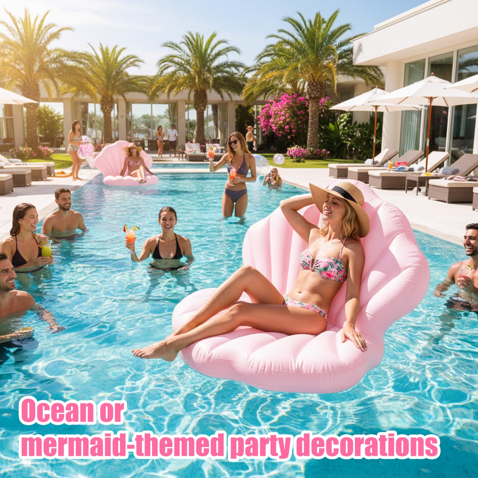 BOXOB Bouée Piscine Coquillage 144cm, Bouée Plage Géante Gonflable Renforcée en Forme Coquillage avec Boule Perle pour Bronzer Enterrement Vie Jeune Fille Décoration Fête Piscine (Rose)
