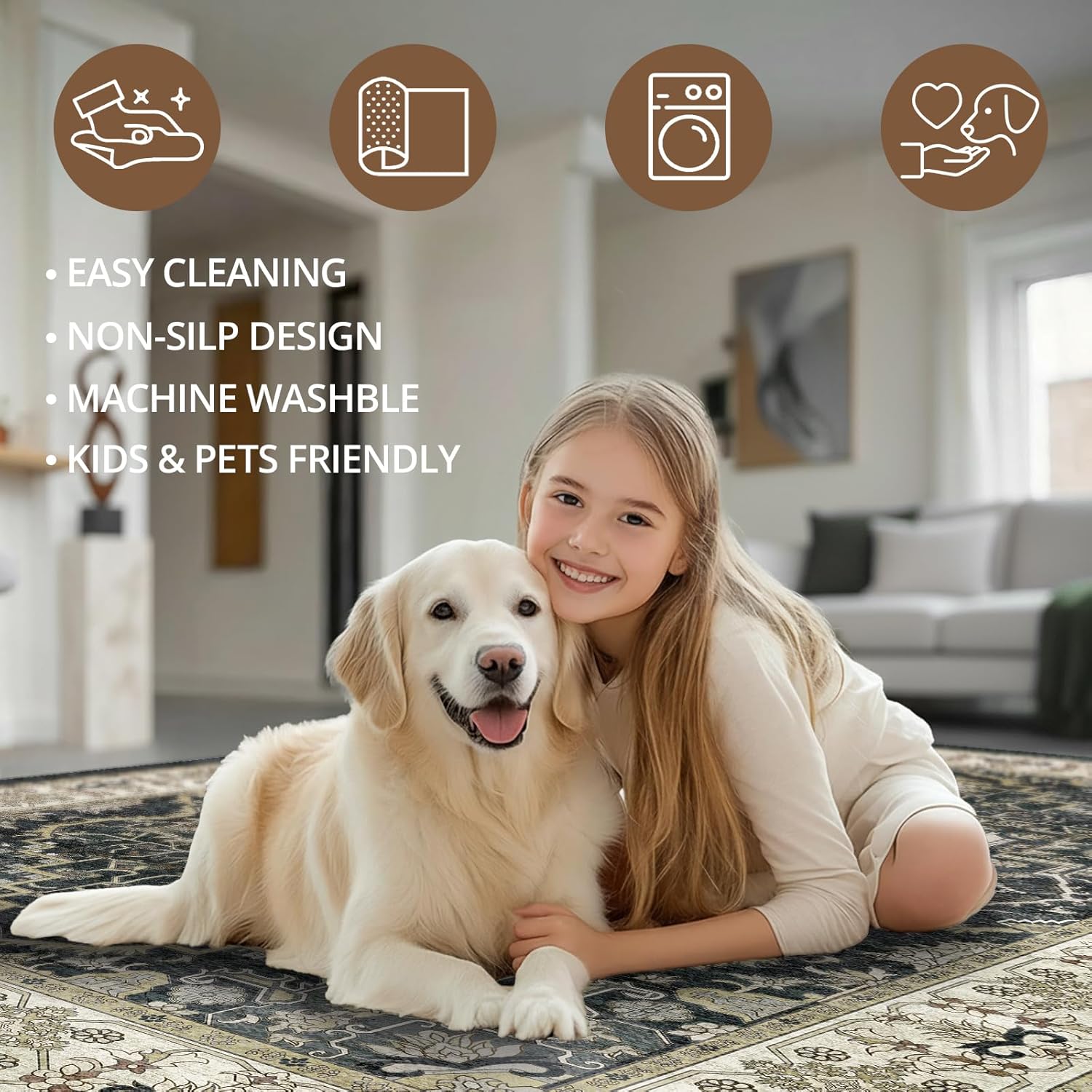 Washable Hallway Runner Rug - 2x6 Kitchen Rug Distressed Low Pile Mats Non Slip Soft Rugs for Dining Room with Rubber Backing Bedroom Runner with Vintage Design (Black 2x6) - Image 7