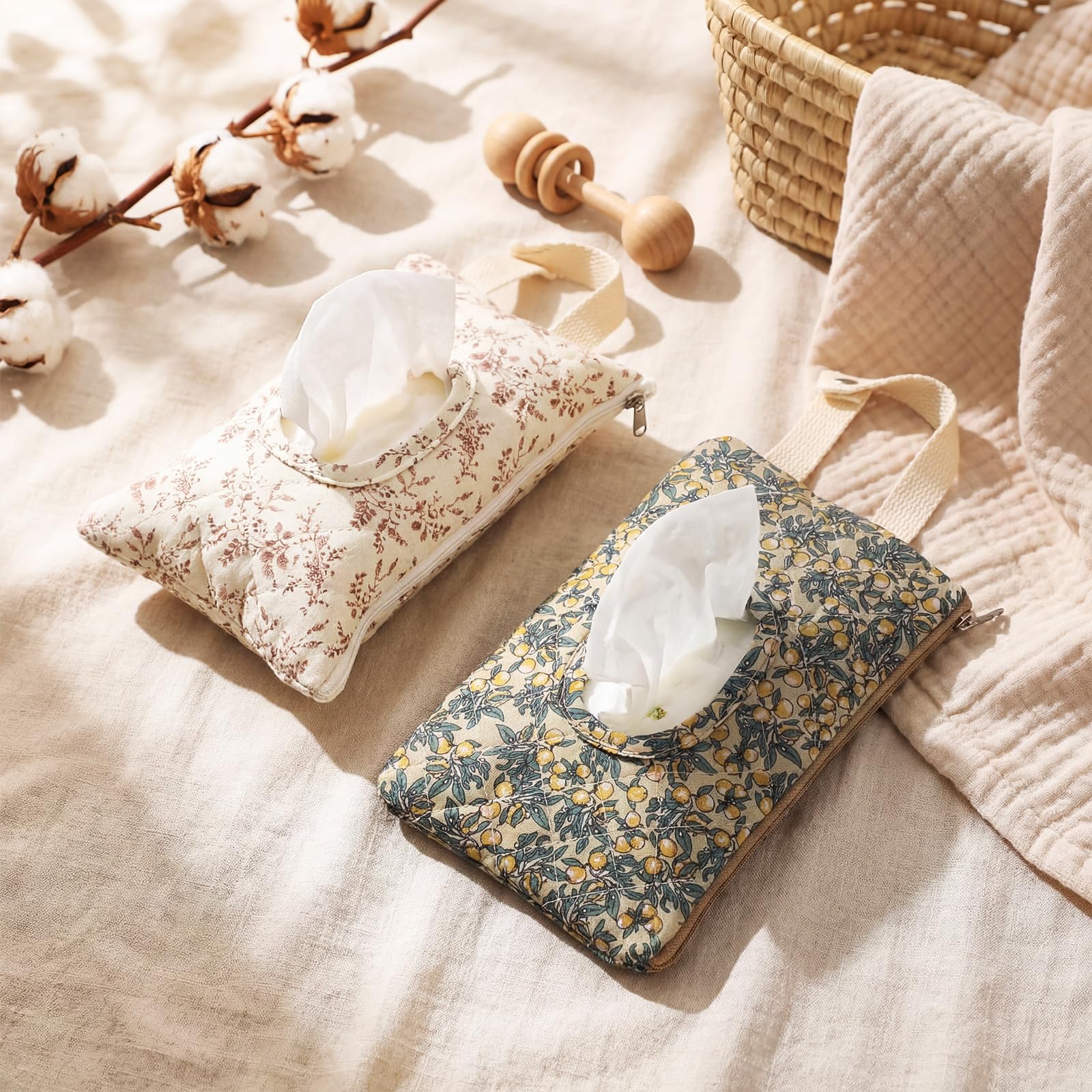 Cosblank 2 Pcs Quilted Diaper and Wipes Pouch Portable Hanging Floral Wet Wipe Bag Diaper Bag Reusable Wipes Pouch for for Stroller Car Travel Infant Diapering Organizer (Mixed Floral) - 3