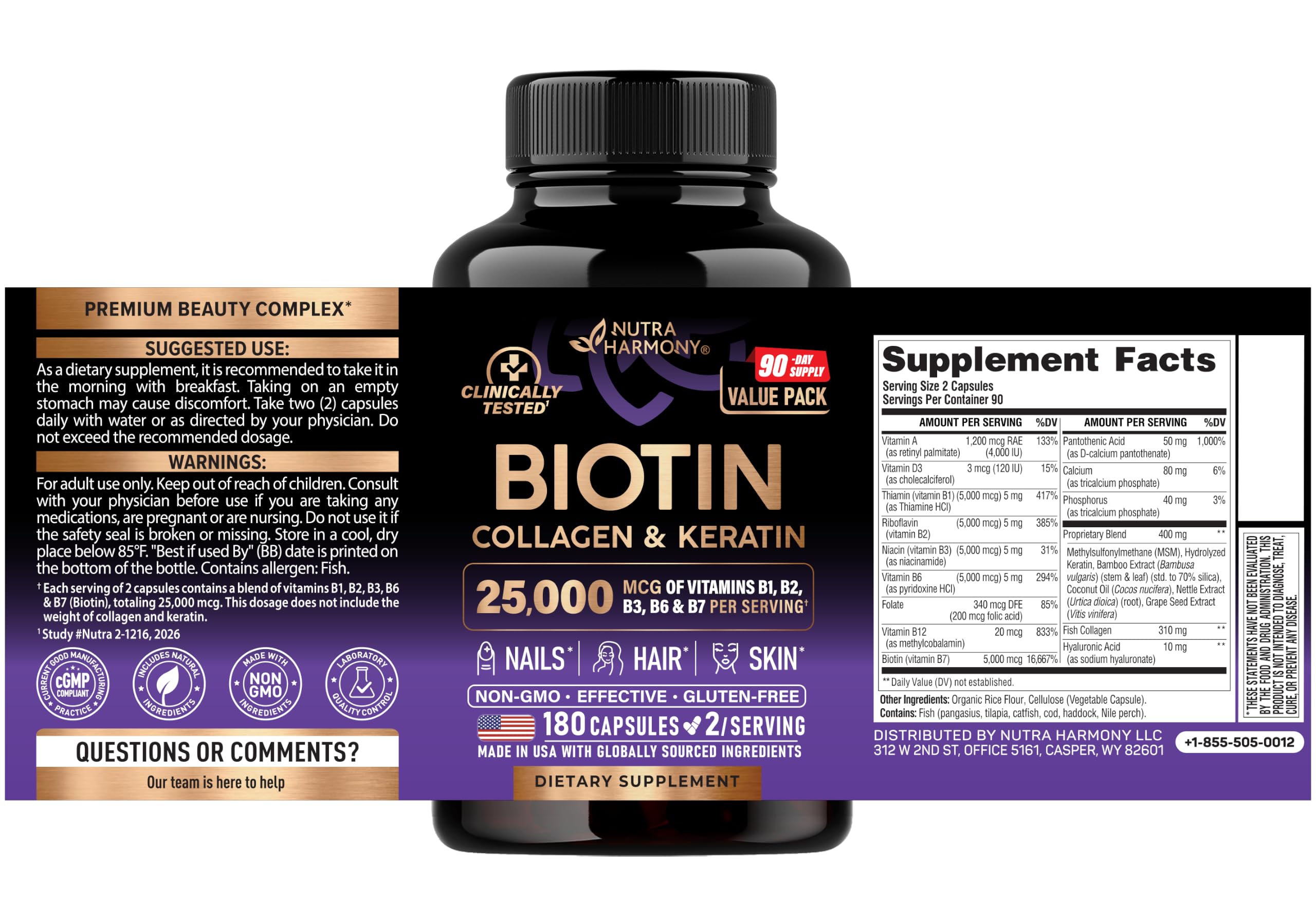 Biotin, Collagen & Keratin + Full B-Complex - Hair Growth Support, 180 Caps — Amazon image 2