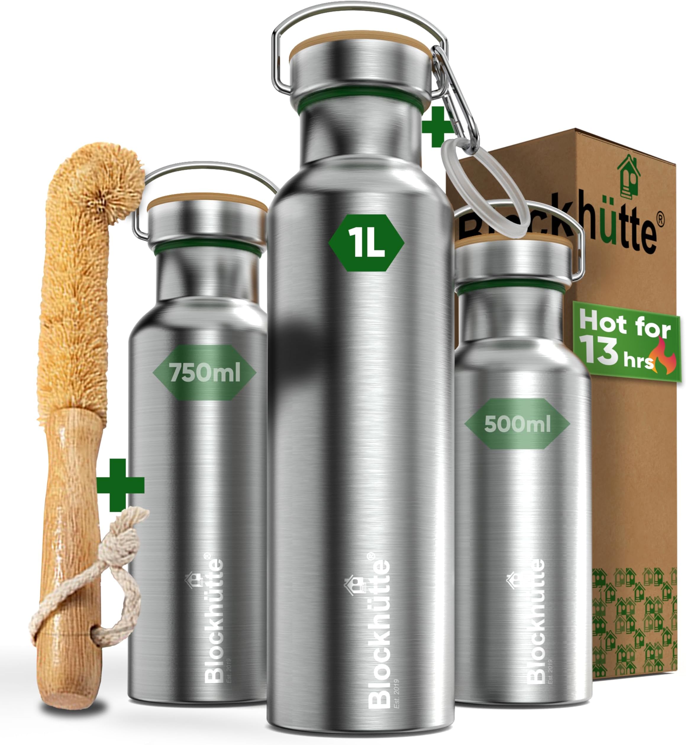 Blockhuette Personalised Water Bottle Steel 1L I incl Cleaning Brush, BPA Free, Insulated Travel Flask for 13h Hot, 15h Cold Drinks, Gym, Kids, Boys, Girls - Reusable, Leakproof Flask