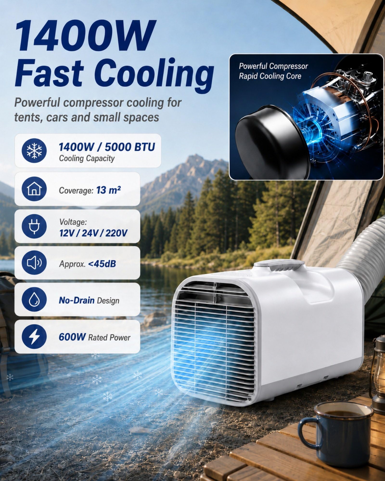 Climatizador con Tubo de Evacuación 1400W/5000BTU | Potencia Nominal 600W, Panel Táctil para Tiendas, Autocaravanas, Caravanas, Oficinas