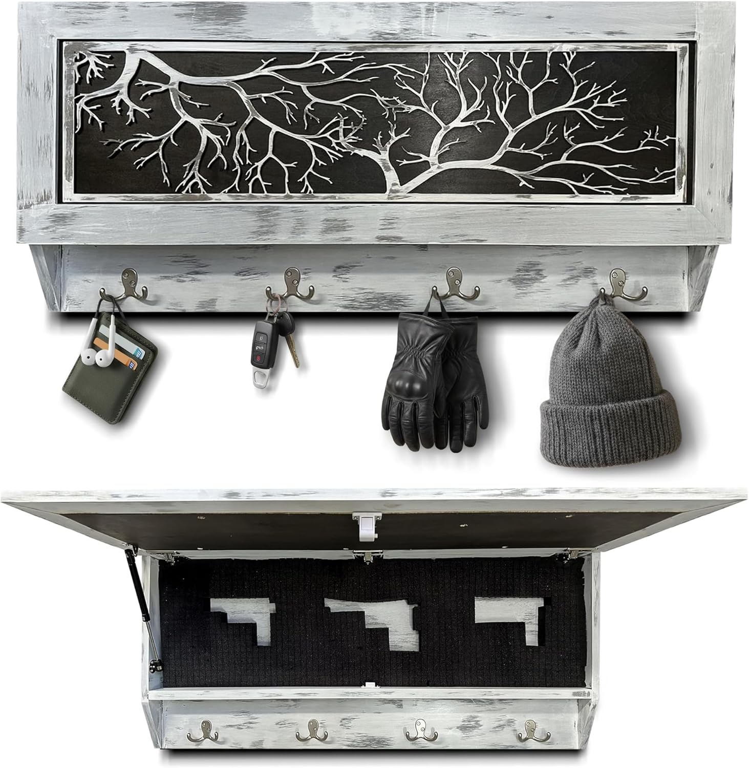 Bellewood Designs Winter Tree Hidden Gun Storage Coat Rack - Hidden Gun Shelf with Hooks for Coats, Bags, & Hats - Quick Access Concealment Shelf for Rifles, Handguns, & Shotguns