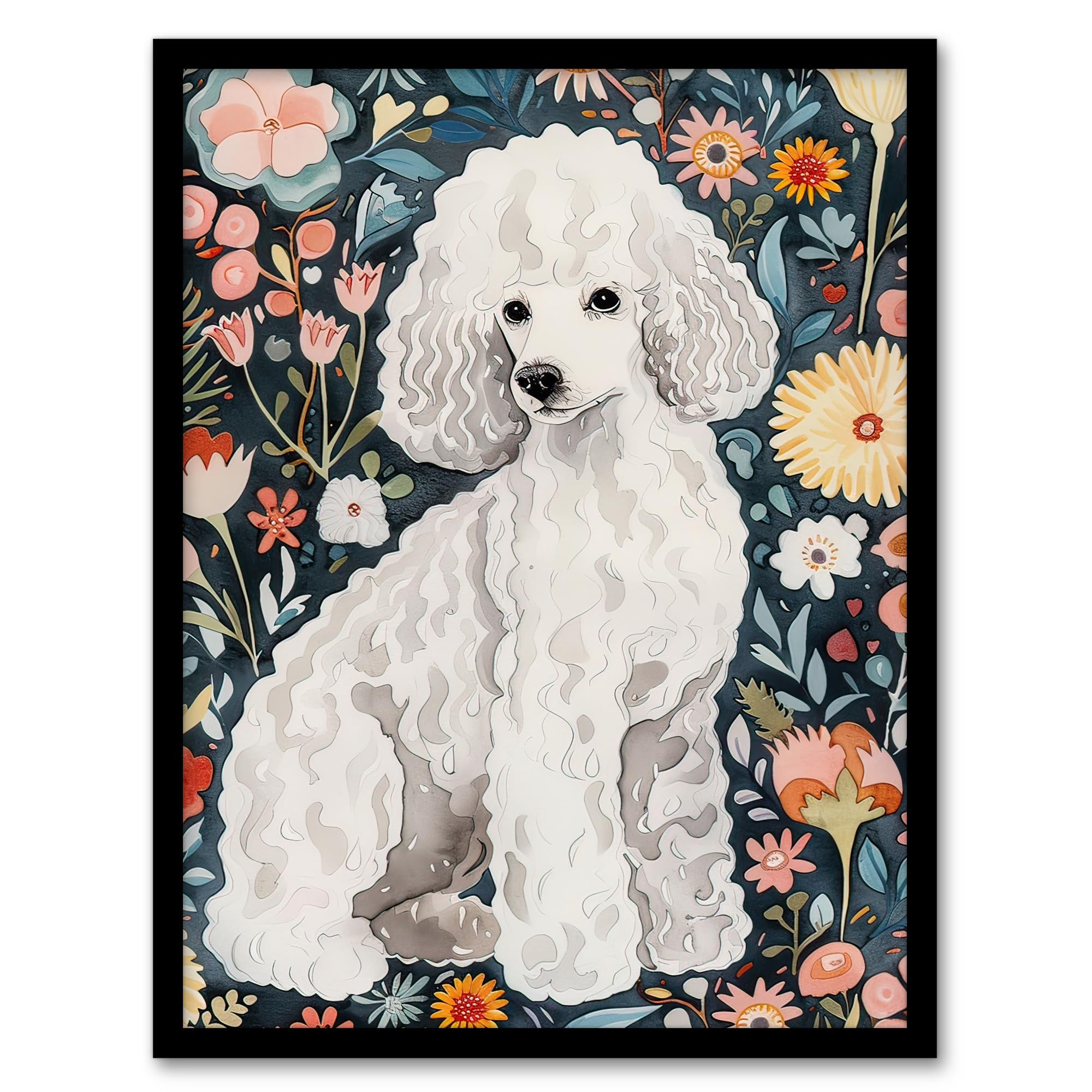 Artery8 Elegant Poodle Dog Lover Pet with Wildflowers Living Room Artwork Framed Wall Art Print A4