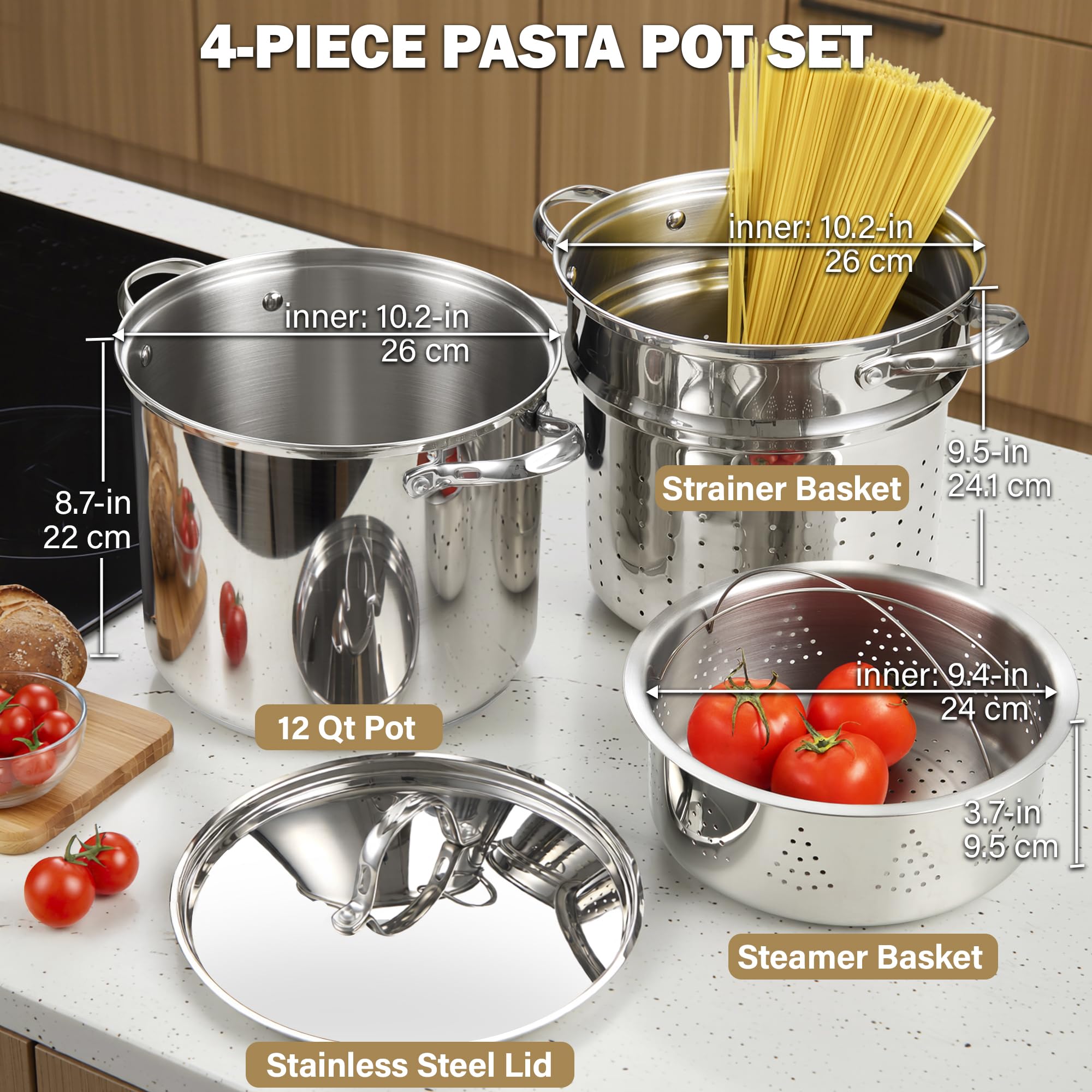 Cooks Standard Olla para pasta de acero inoxidable 18/10, 12 cuartos de galón, olla de espagueti, olla de vapor con inserto de colador, tapa de acero inoxidable, juego de 4 piezas