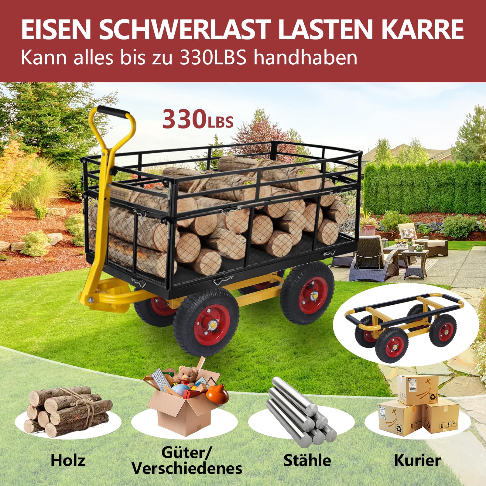 ohbien Schwerlast Transportwagen 330LBS Plattenwagen mit Luftreifen 4 Räder | Transport Dolly für Umzug Möbel und Holzplatten, Plattentransporter Stahl Transportkarre 75,5x32x26cm