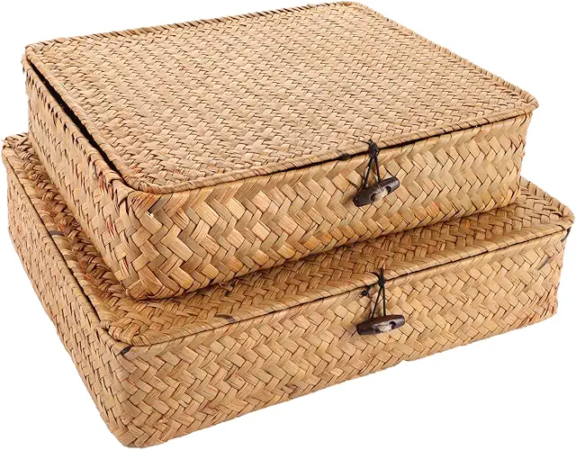 Cesta de mimbre con tapa, juego de 2 cestas rectangulares de hierba marina para organización