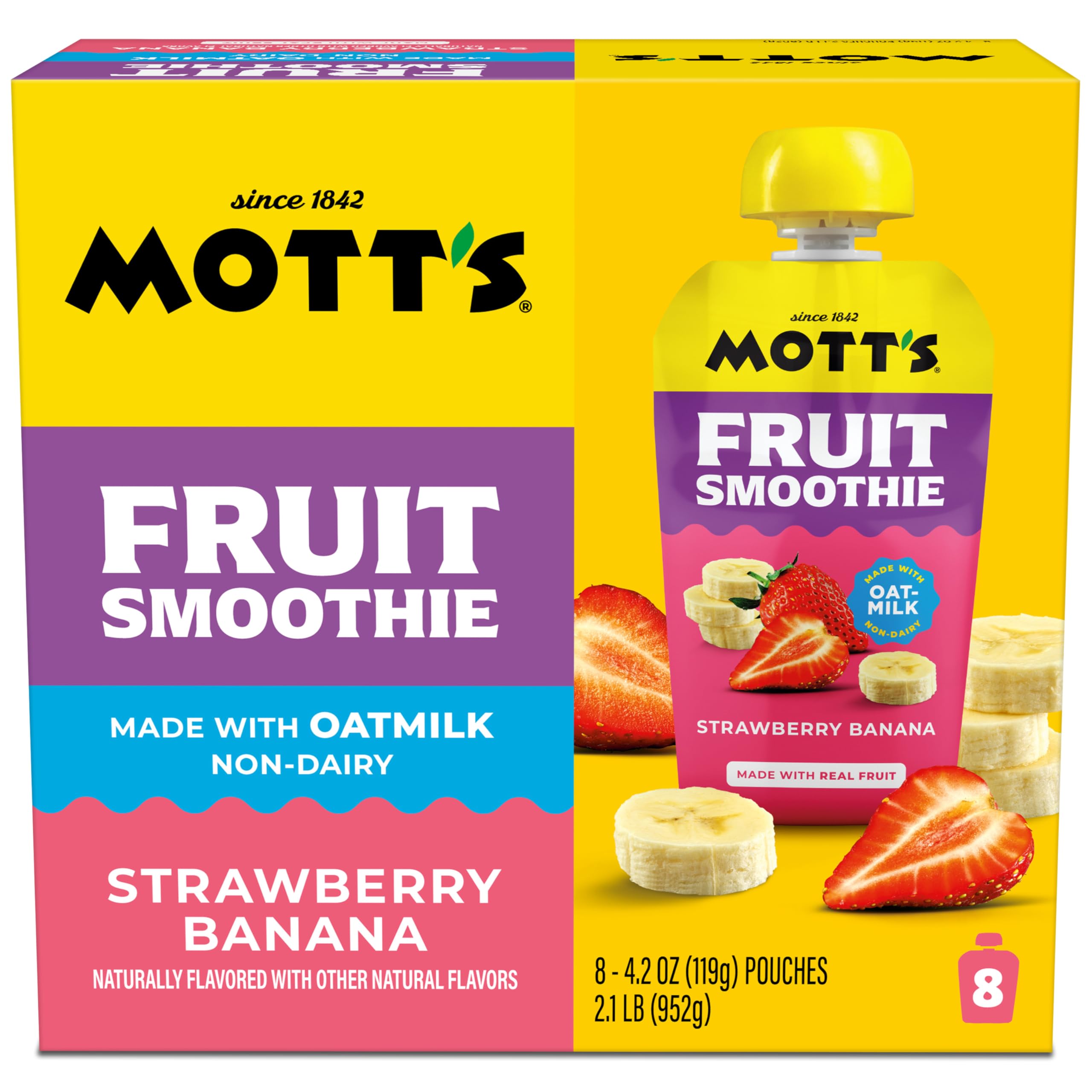 Mott’s Fruit Smoothies Strawberry Banana, 4.2 oz clear pouches, 8 Pack, Non-dairy, Made With Oatmilk, Made With Real Fruit, Good Source of Calcium, On-the-Go