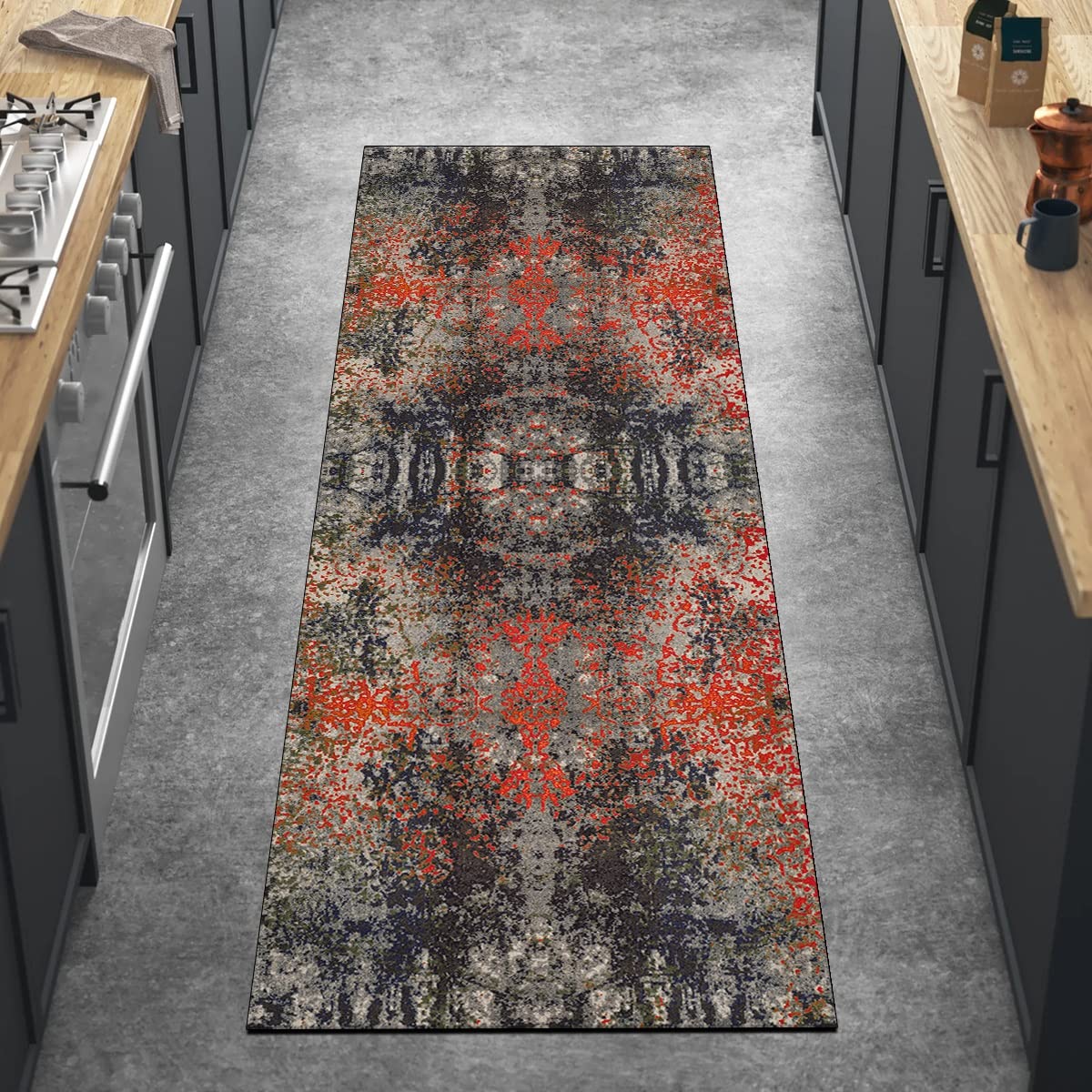 Tapis de couloir long lavable et antidérapant à rayures rouges avec revers en caoutchouc, vert clair, 70 x 250 cm de large