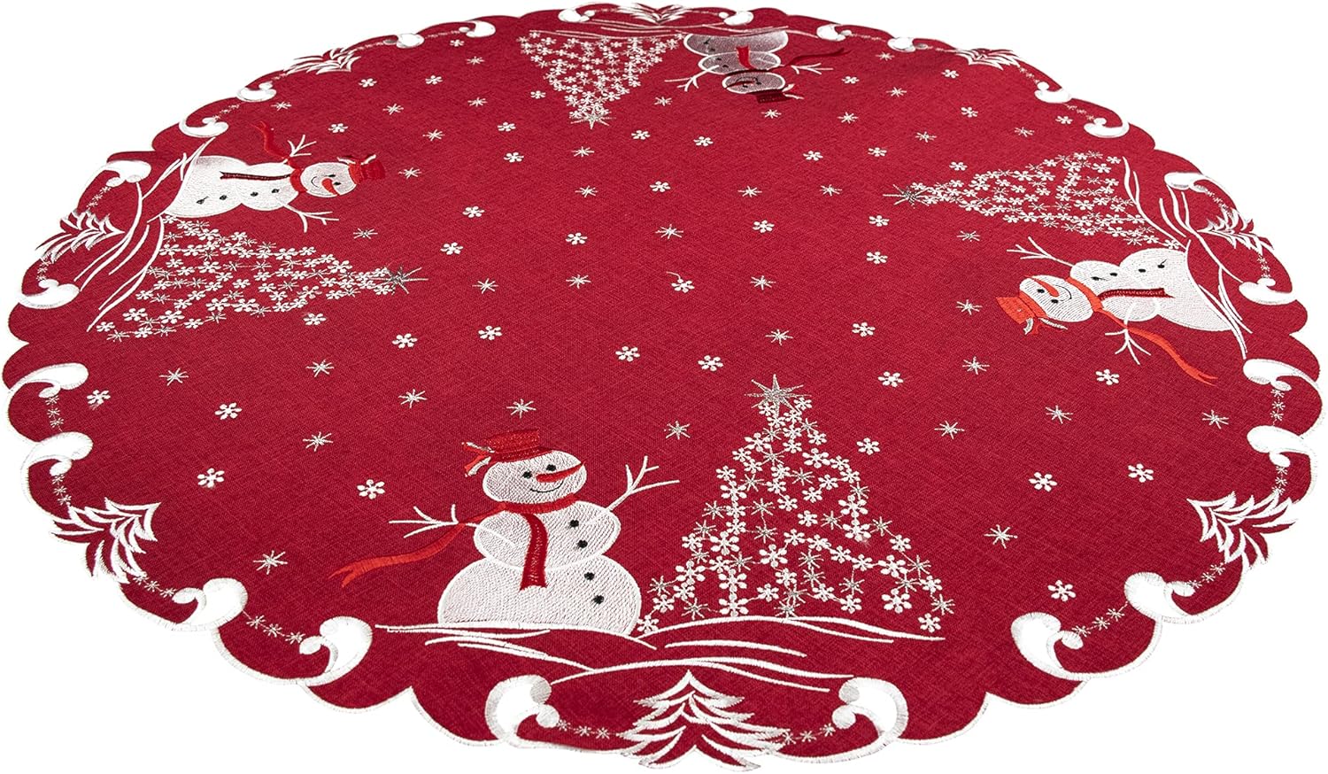 Beautifully Elegant Silver Star Topped Trees and Snowman on Red Linen Doily, Table Topper, Small Tablecloth, Table Centerpiece (34 Inch Round)
