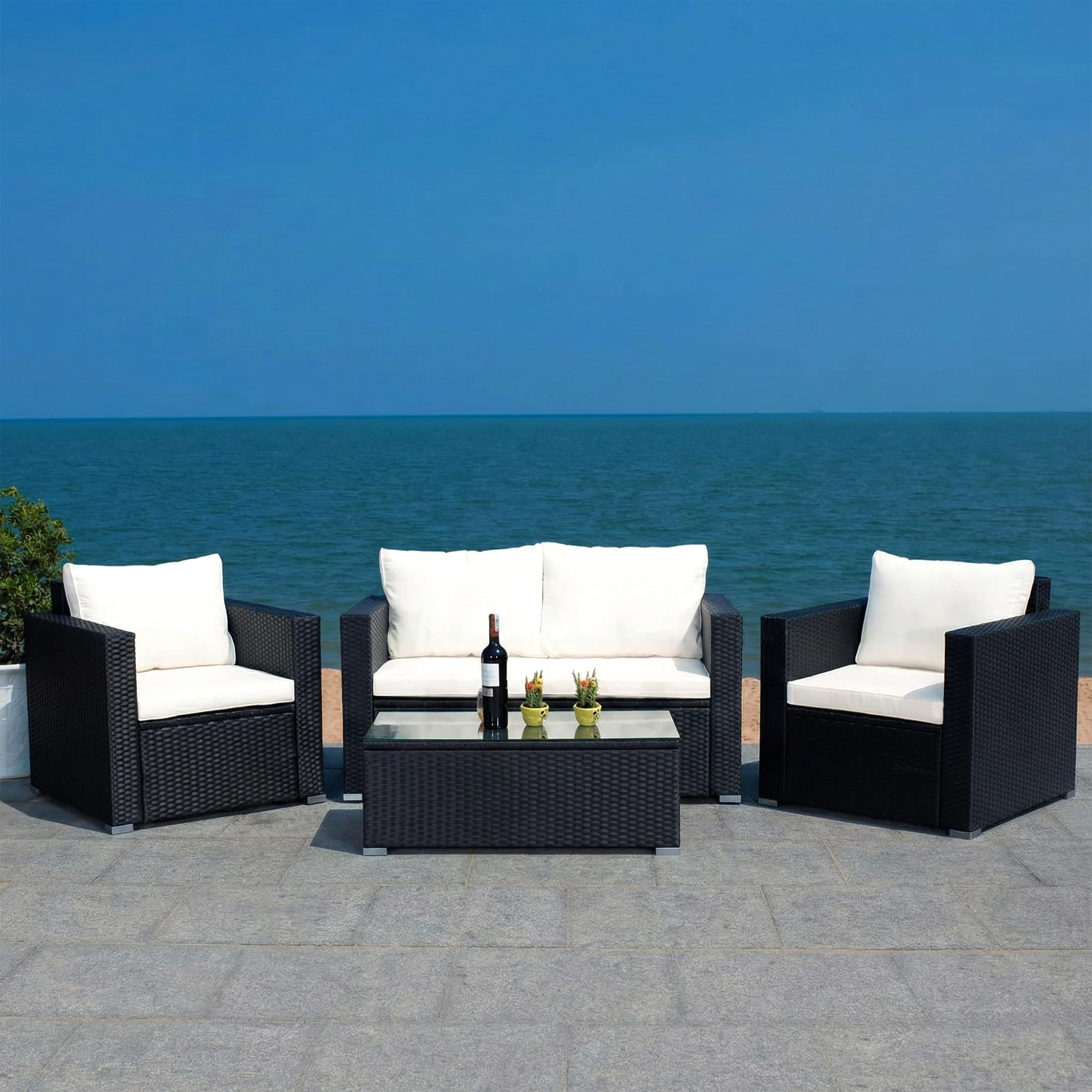 OUTLIVING Outdoor 4 Seater Sofa Set | Balcony Sofa | Patio Furniture Sets | Conversation Sets | Wicker | Garden | Balcony | (Black-White)-image-31