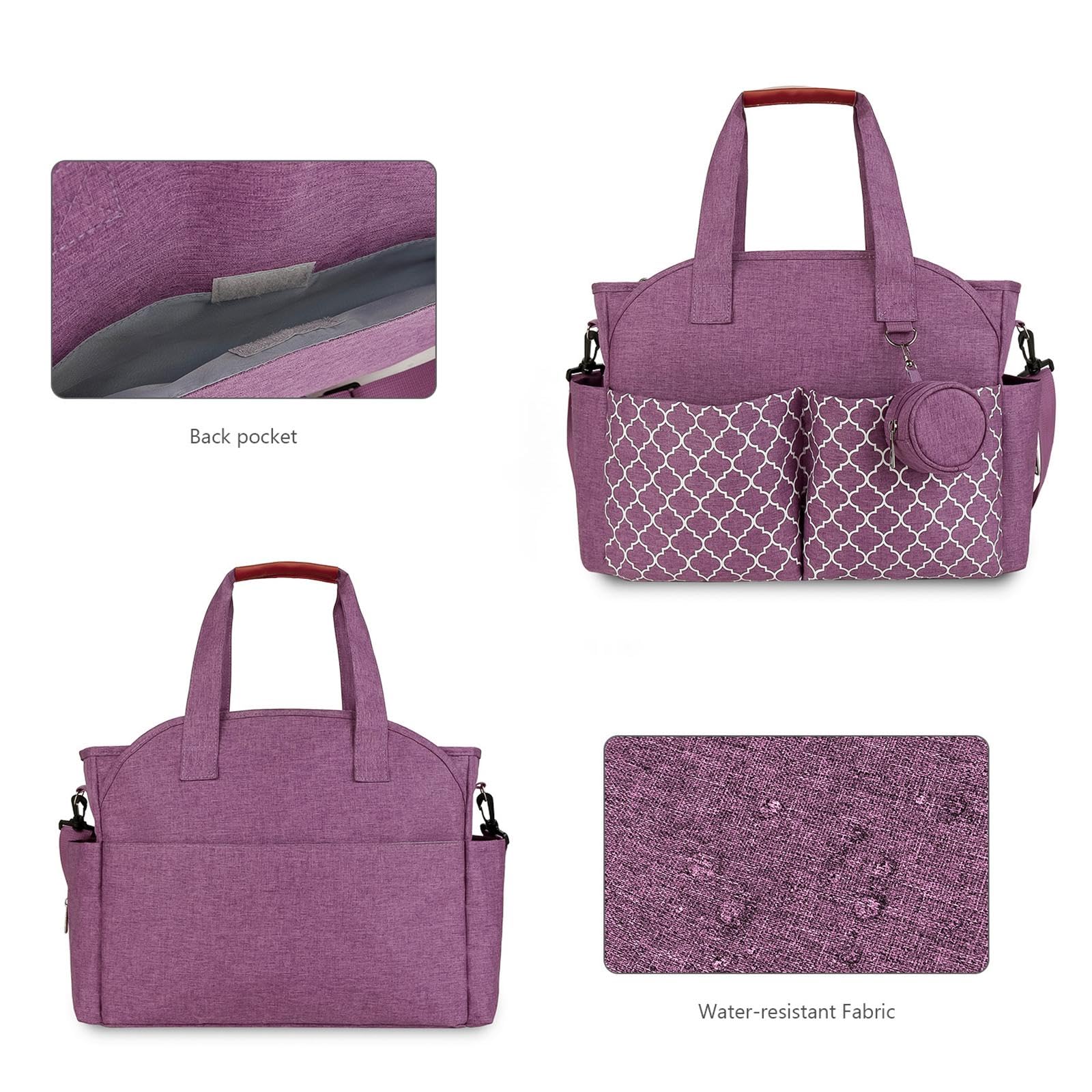 Windel Tasche Schulter Diaper Tote Bag Wickeltasche Tragbar Großes Fassungsvermögen mit Schultergurt aus Frottee für Mütter Unterwegs Reisen, Lila