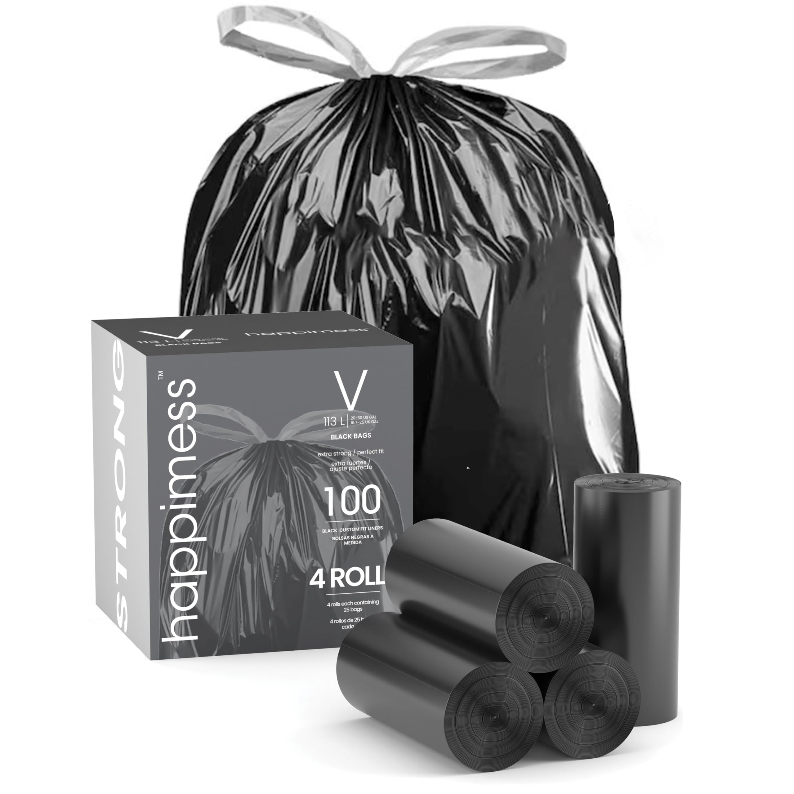 100-Count Unscented 30 Gal Drawstring Trash Can Liner by happimess – 100 Count (Pack of 1), 30.0 gallons, HDPE, Black, Model HPM3000V-BLACK