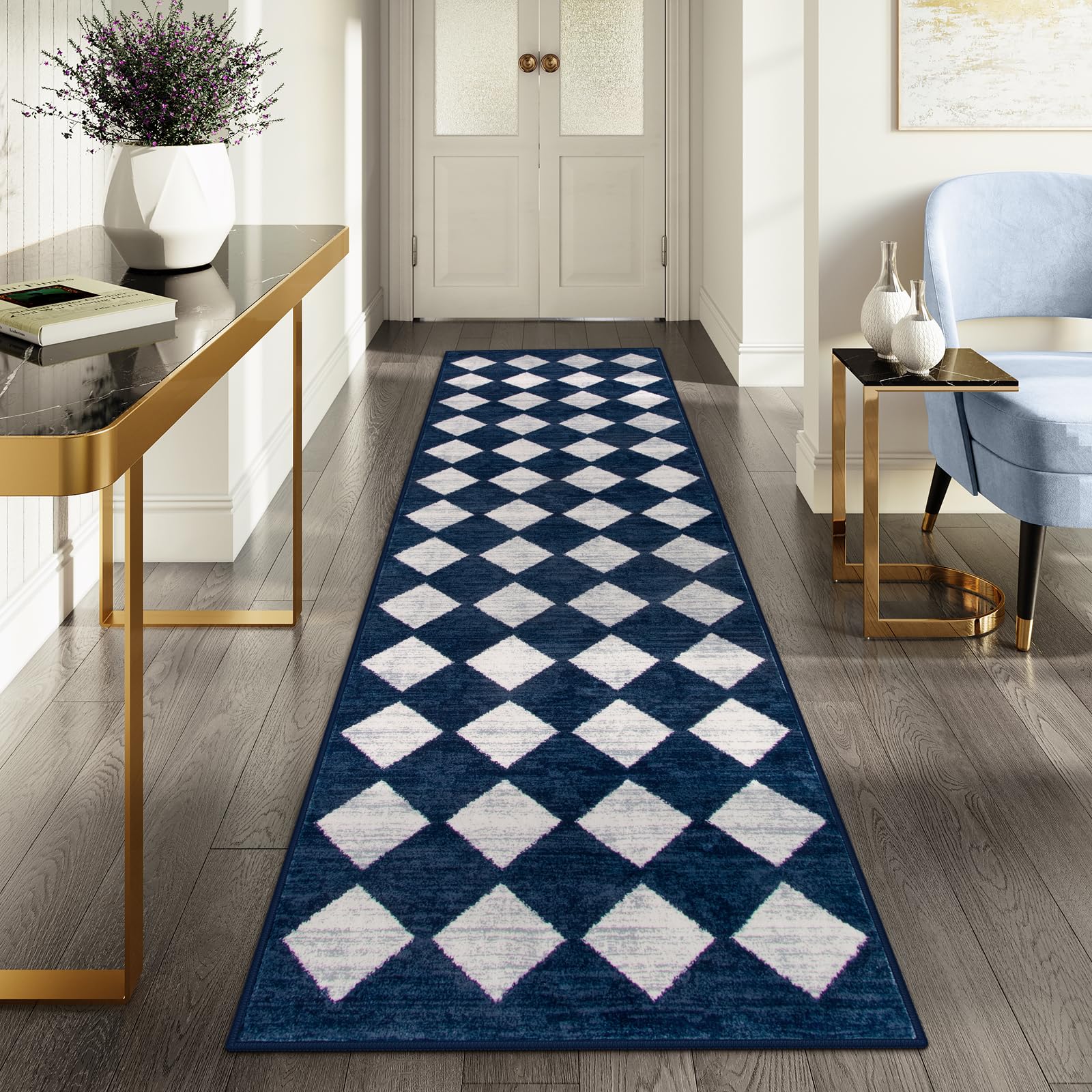 Lahome 2x8 Hallway Runner Rug, Soft Kitchen Runner Rug, Non Skid Washable, Blue Bathroom Carpet Runner, Moroccan Trellis Low Pile Rug Runner for Entryway Laundry Room Foyer (2'x8', Blue) โ image 1